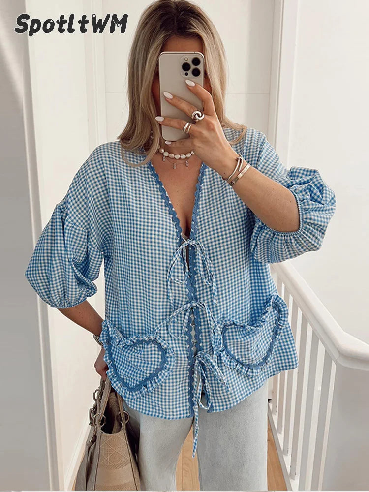 Women's Fashion Plaid Ruffle Lace-Up Blouse - Sweet V-Neck, Puff Sleeves & Heart Pocket Top for Casual Streetwear | Perfect for Date Nights, Office Wear & Spring Outfits