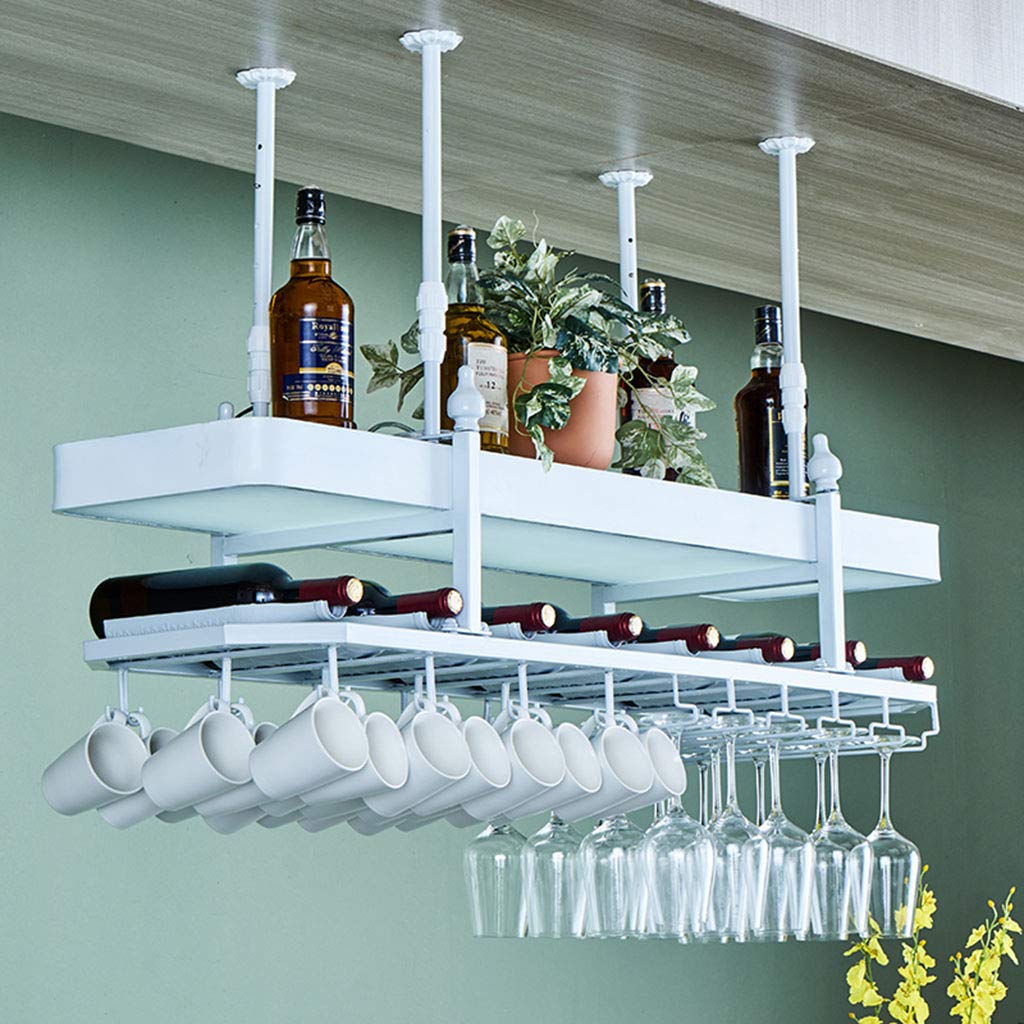 2-Tier Hanging Wine Rack - Iron Art Bar Counter & Ceiling Mount Wine Bottle Holder with Built-in Light for Upside Down Glasses | Perfect for Kitchen, Bar, Pub & Home Decor