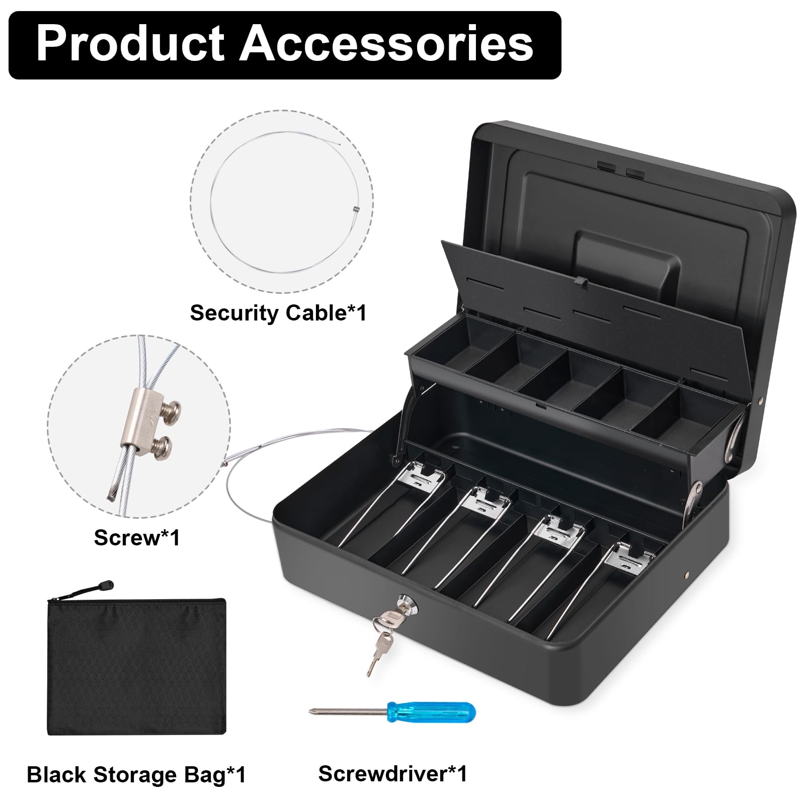 Large Heavy-Duty Steel Cash Box with Security Cable & Coin Cover - Portable Safe Lock Box with Money Tray, Key Lock & Adjustable Coin Organizer - Perfect for Home, Office, Retail Stores and Small Business Cash Management (Black)