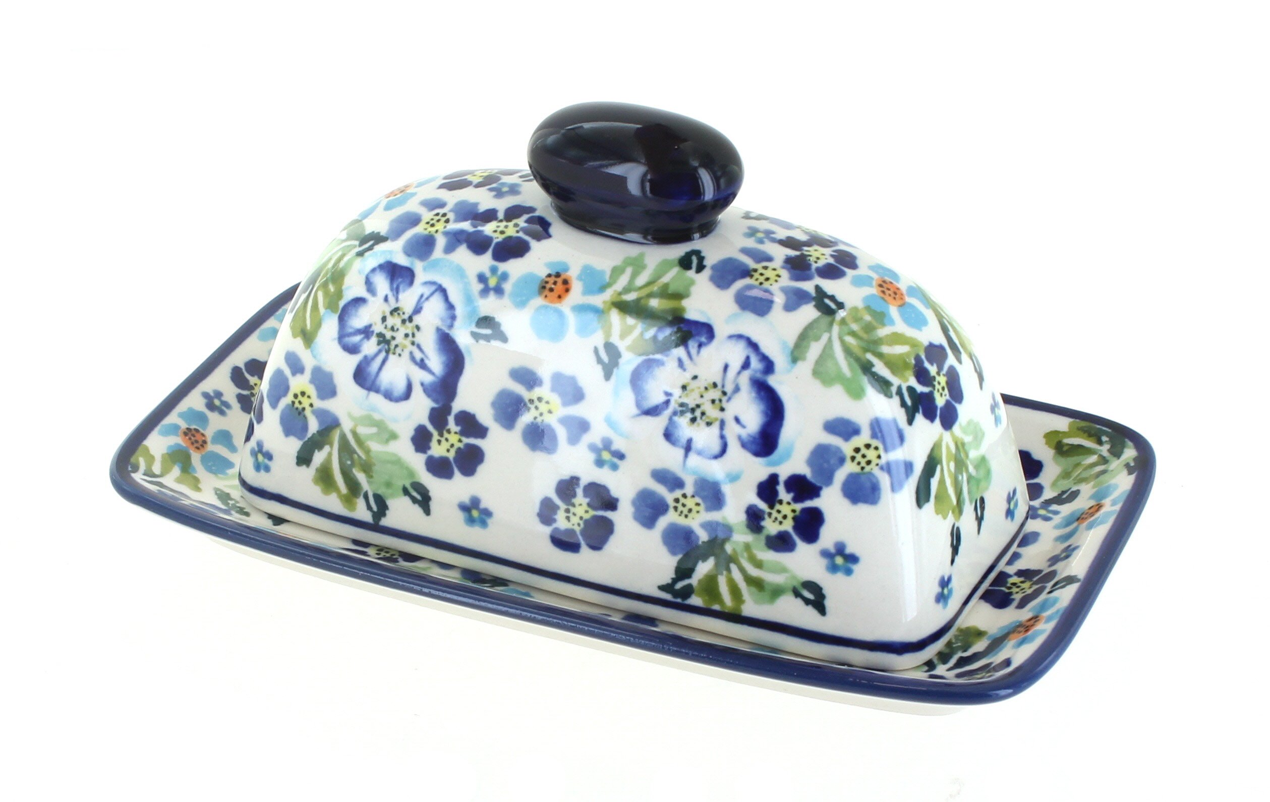 Blue Rose Polish Pottery Vintage Violet Butter Dish - Handmade Ceramic Butter Keeper with Lid - Perfect for Kitchen, Dining Table & Gift Giving