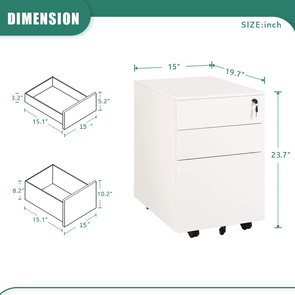 INVIE 3-Drawer Locking Mobile File Cabinet - White Metal Vertical Rolling Storage with Hanging Frame | Perfect for Office, Home & School Organization