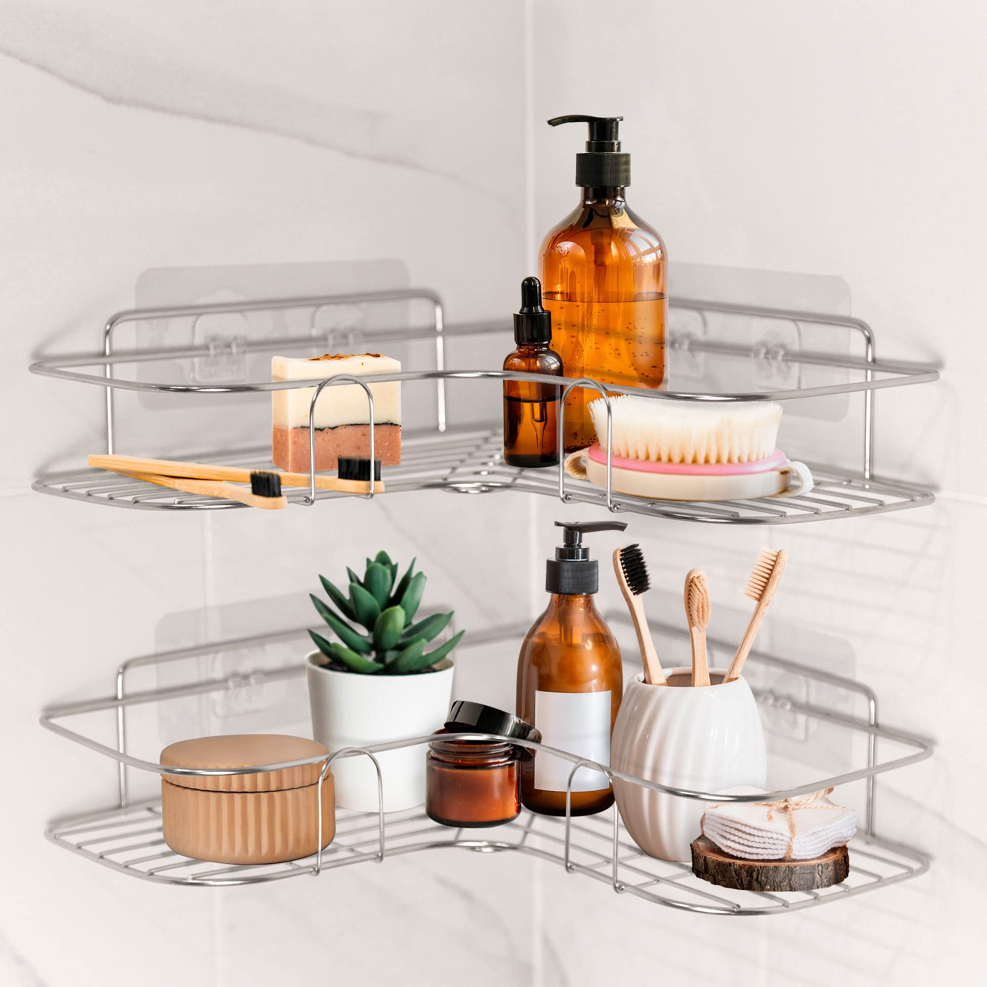 2-Pack Shower Caddy Shelf with Strong Suction Cups, Stainless Steel Bathroom Storage Organizer for Razor, Shampoo & Soap - No Drilling Adhesive, Fits 90 Degree Right Angle Corners - Perfect for Bathroom, Kitchen & Laundry Room Organization (Silver)