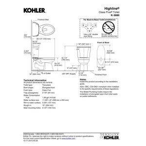Kohler KOH3889-0 Highline 1.28 GPF Elongated Comfort Height Toilet - 2-Piece White Bathroom Toilet with 10
