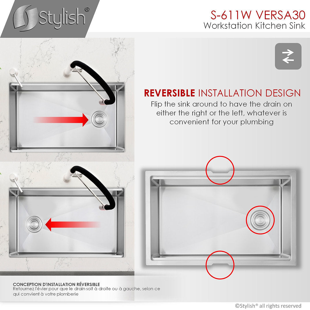 VERSA30 S 611W 30-Inch Undermount Stainless Steel Kitchen Sink - Single Bowl Workstation with Drainboard & Accessories - Perfect for Modern Kitchens, Restaurants & Food Prep Areas