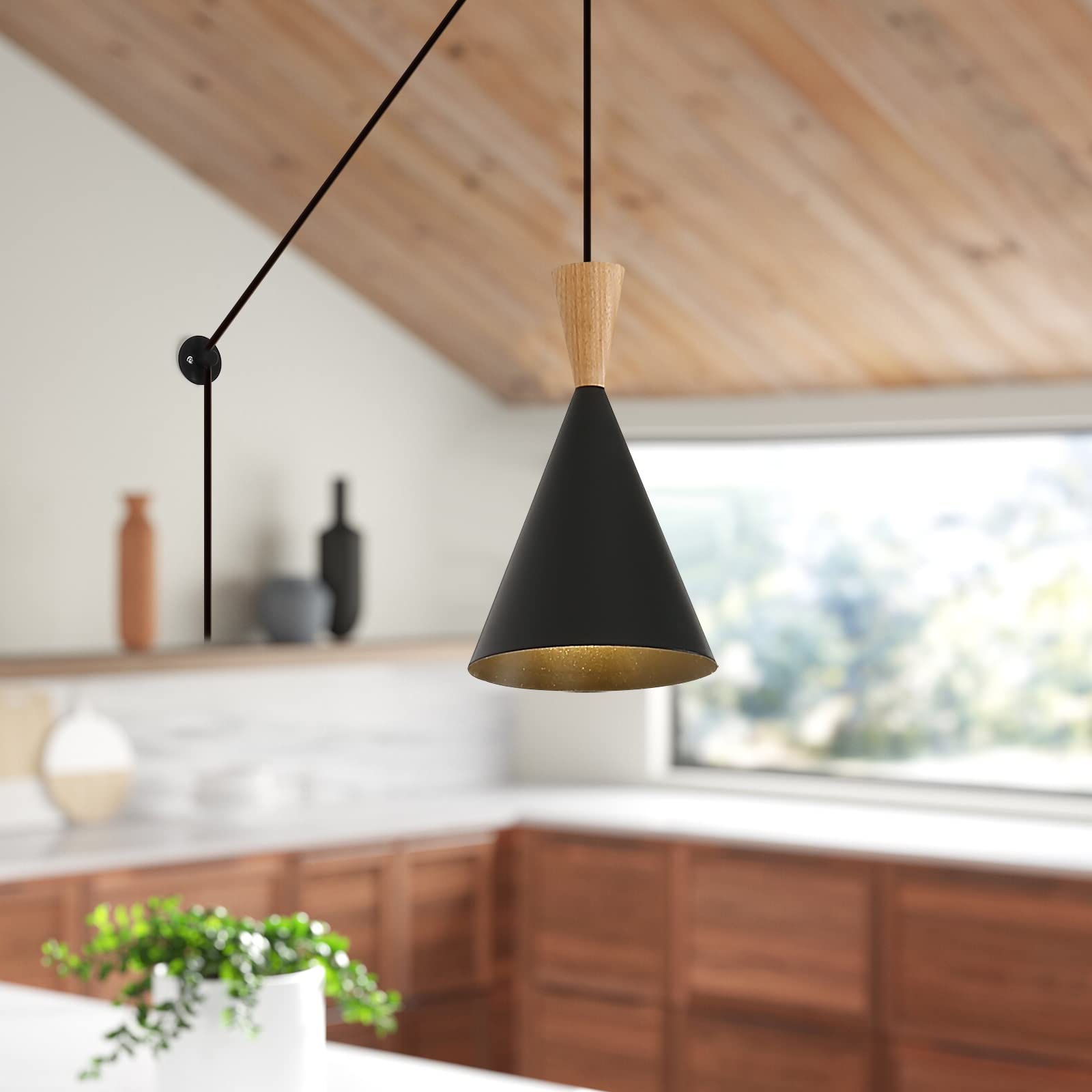 Modern Small Black Pendant Light Fixture with Plug-in Cord - Wood & Metal Cone Design Ceiling Hanging Lamp - 11.5ft Adjustable Rope - Wall Mountable for Kitchen Island, Dining Room, Bedside, Living Room, Office Lighting Decor