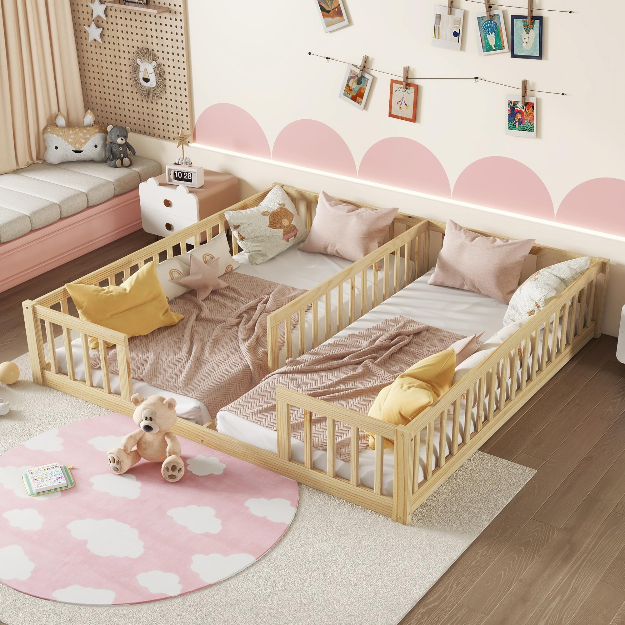 Montessori Floor Bed for 2 Kids - Wooden Twin Bed Frame with Safety Railings for Boys & Girls - Natural Solid Wood - Perfect for Shared Kids' Rooms & Montessori Learning Spaces
