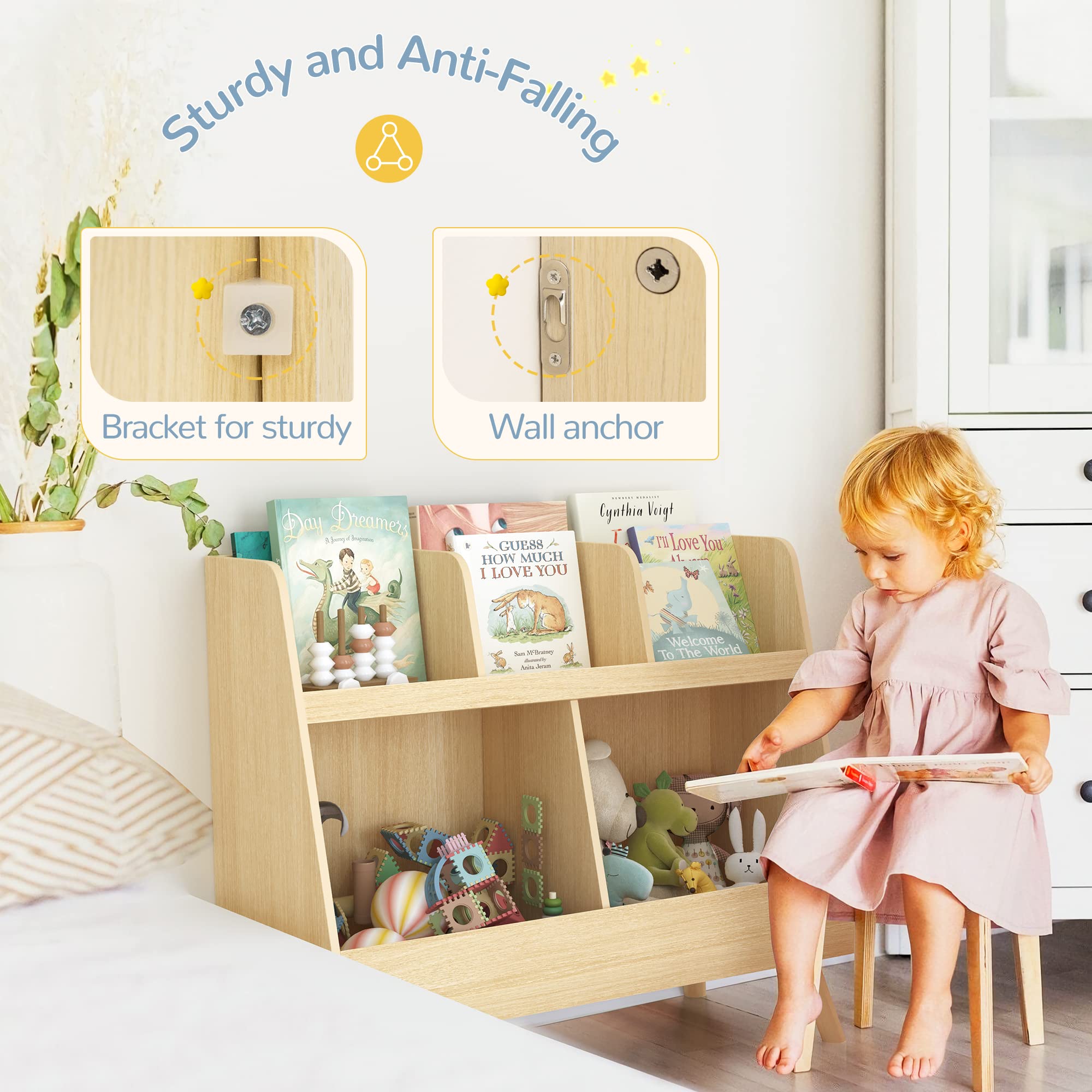 Wooden Kids Bookshelf & Toy Organizer - 5 Cubbies, 2-Tier Baby Book Storage Display - Natural Wood Color - Perfect for Nursery, Playroom, Bedroom - Great Christmas & Birthday Gift for Toddlers