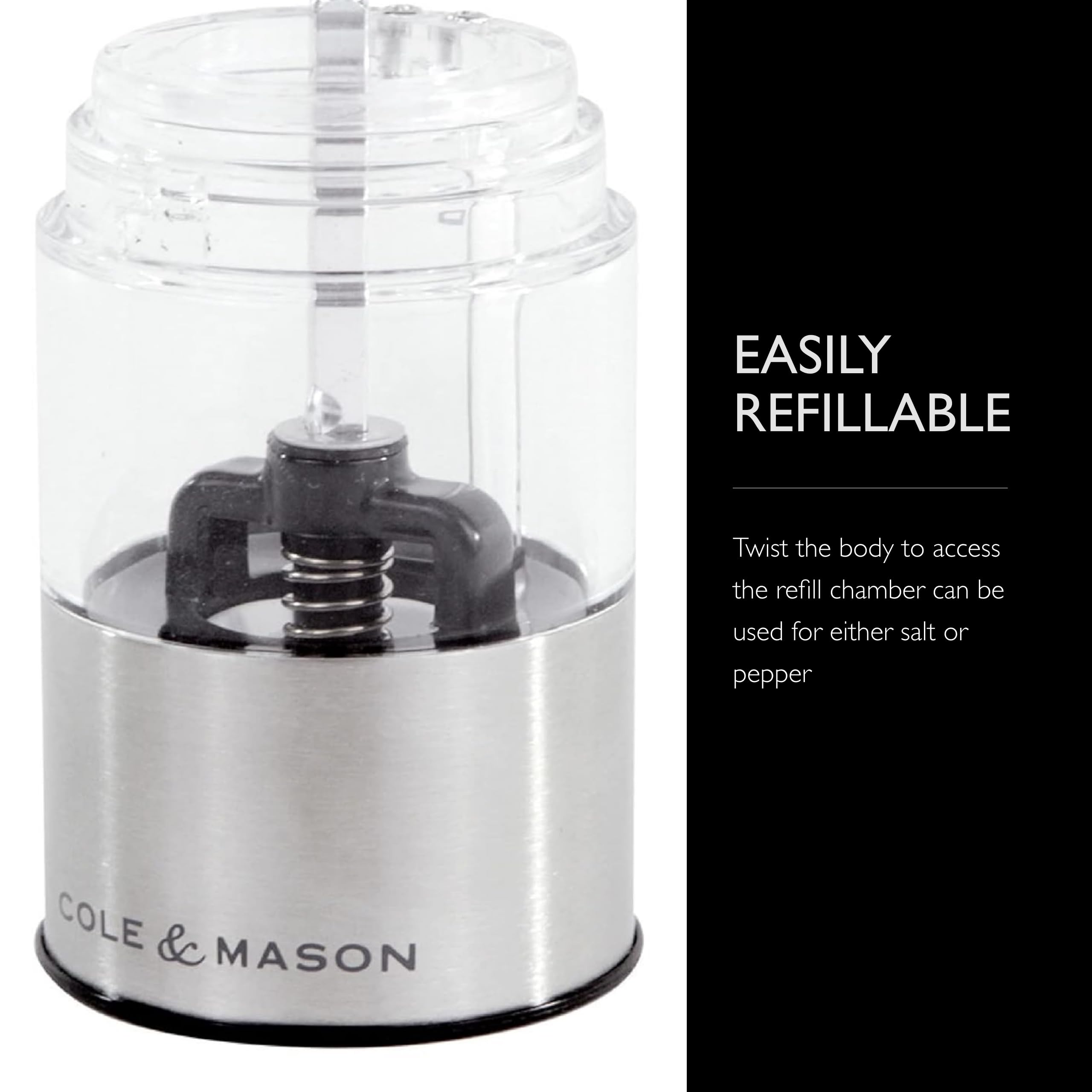 Cole & Mason Battersea Electric Salt and Pepper Grinder Set - One-Touch Operation, Adjustable Coarseness, Large Capacity Stainless Steel Spice Mill - Perfect for Kitchen, Dining Table, and Gourmet Cooking