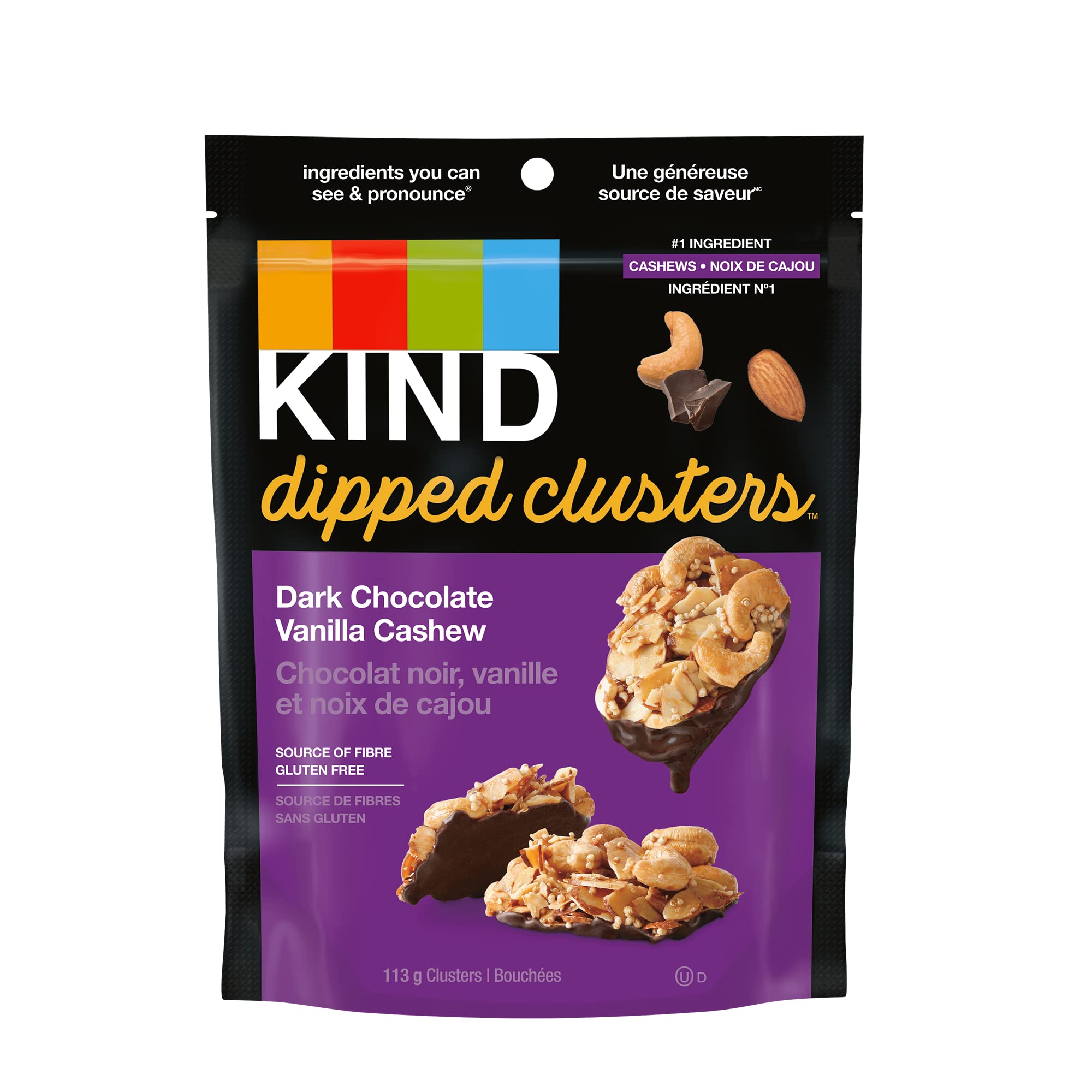KIND Dipped Clusters Dark Chocolate Vanilla Cashew - Gluten Free Healthy Snacks, 113g Bag - Perfect for Office Snacking, Travel & On-the-Go Nutrition