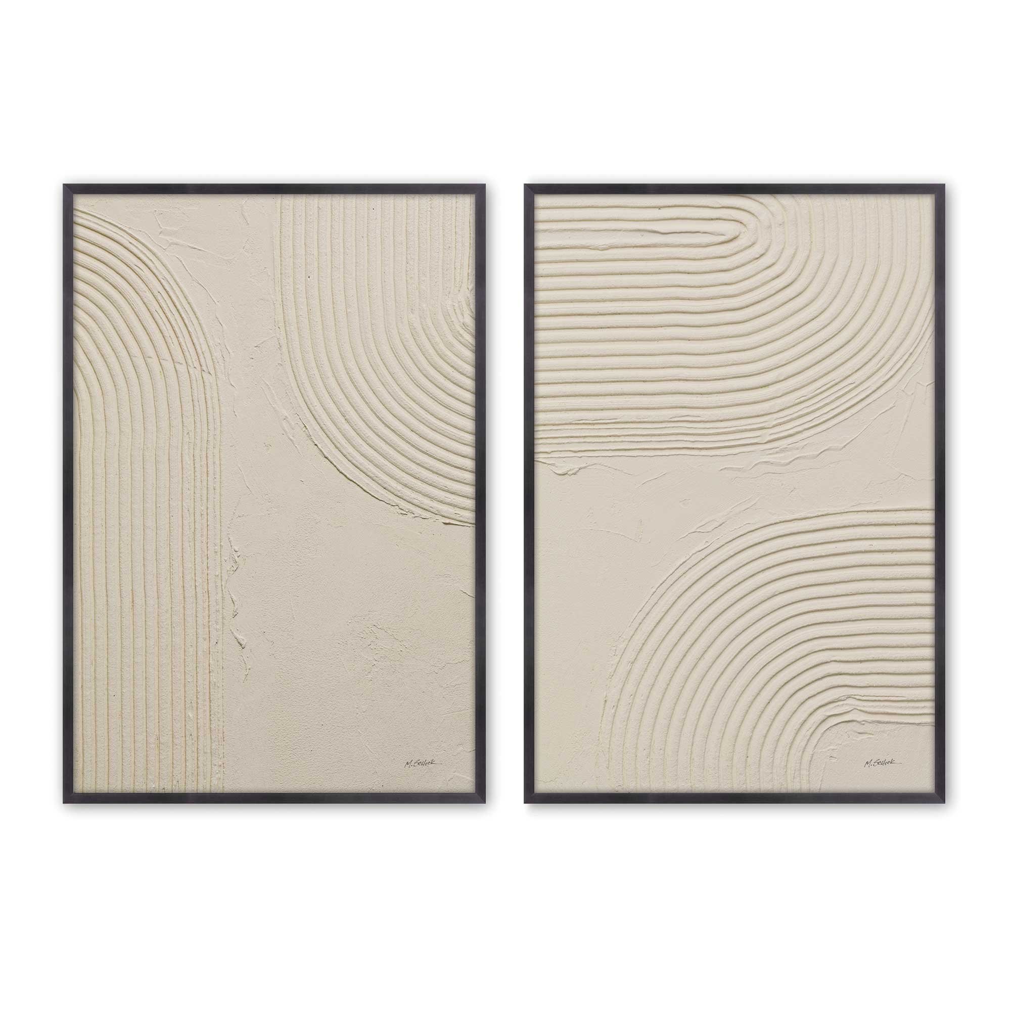 Beige Abstract Wall Art Set of 2 - Modern Echoed Curves Prints for Living Room & Bedroom Decor