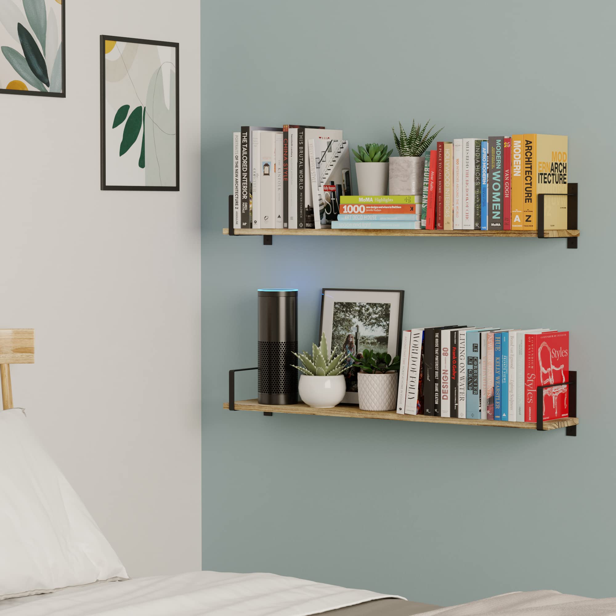 Wallniture Toledo 36 Inch Long Wood Floating Shelves Set of 2 - Rustic Burnt Finish Wall Mounted Shelves for Living Room, Bathroom, Bedroom & Kitchen - Perfect for Books, Decor & Storage | Home Organization & Space Saving Solution