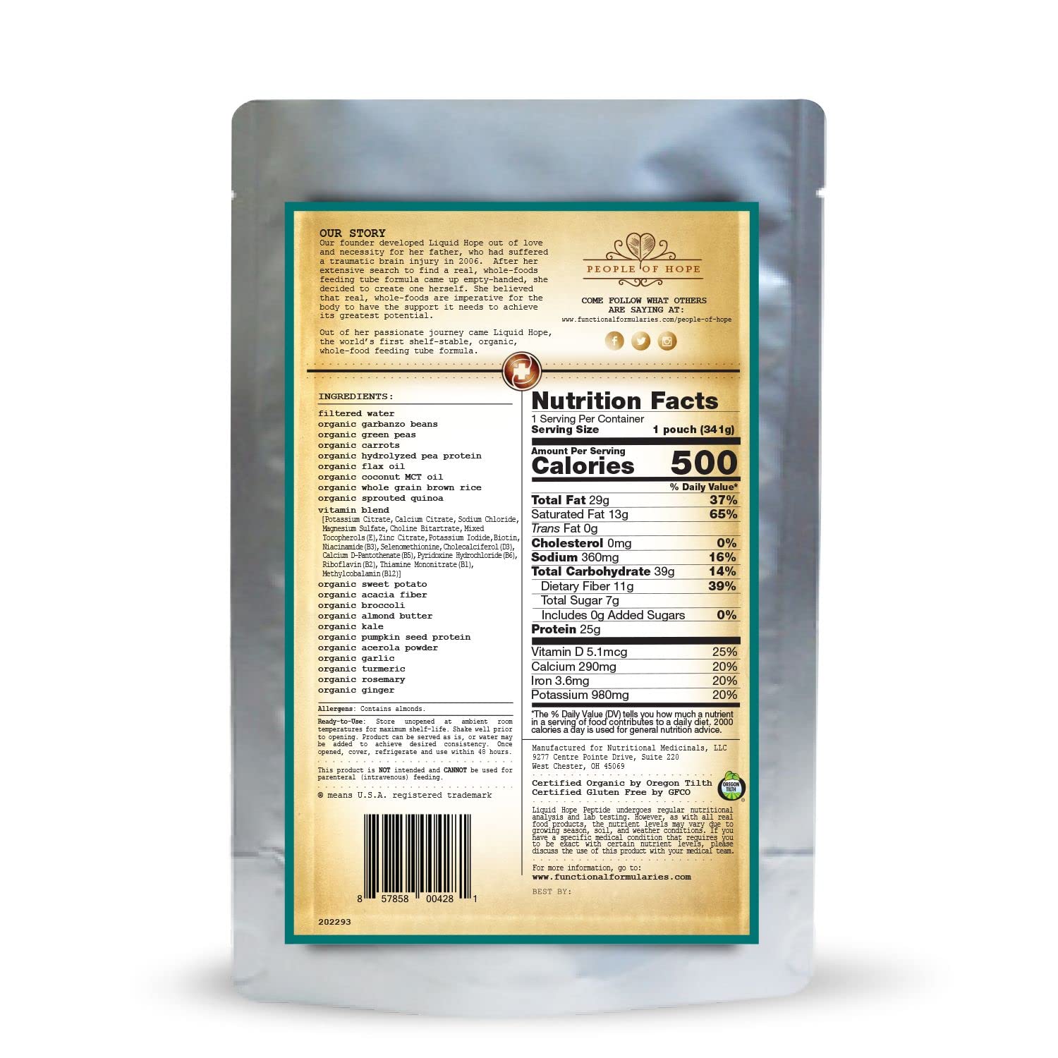 Organic Liquid Hope Peptide Tube Feeding Formula - Nutrient-Rich Meal Replacement Supplement, 12 Oz Pouch (Pack of 24) | Ideal for Patients, Elderly Care & Post-Surgery Recovery
