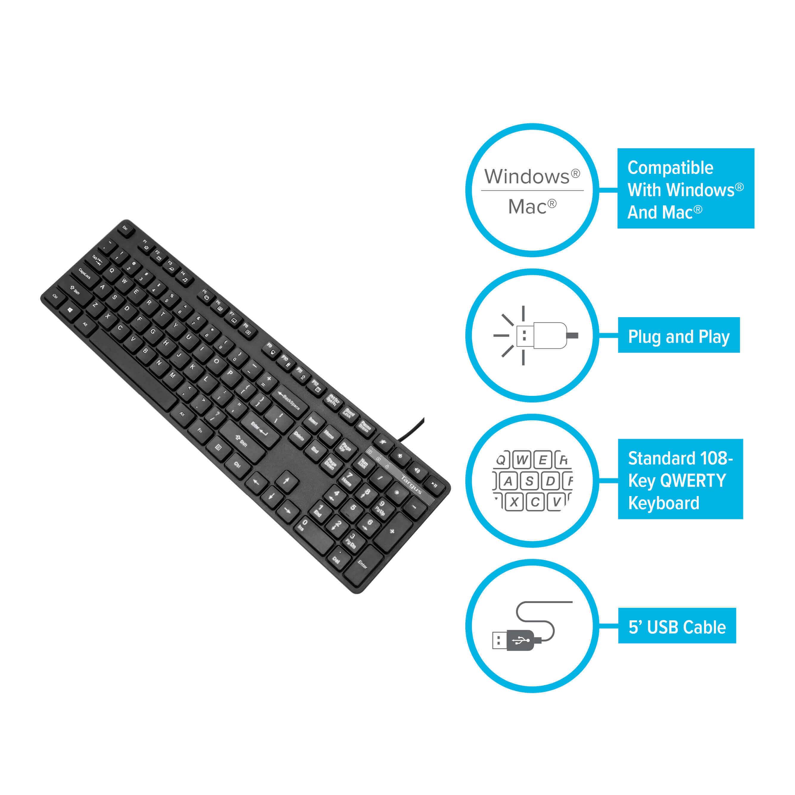 Targus USB Wired Keyboard - Ergonomic Full-Size Computer Keyboard with Quiet Typing for Office, Home & Gaming | Compatible with PC, Laptop, Mac | Spill-Resistant Design