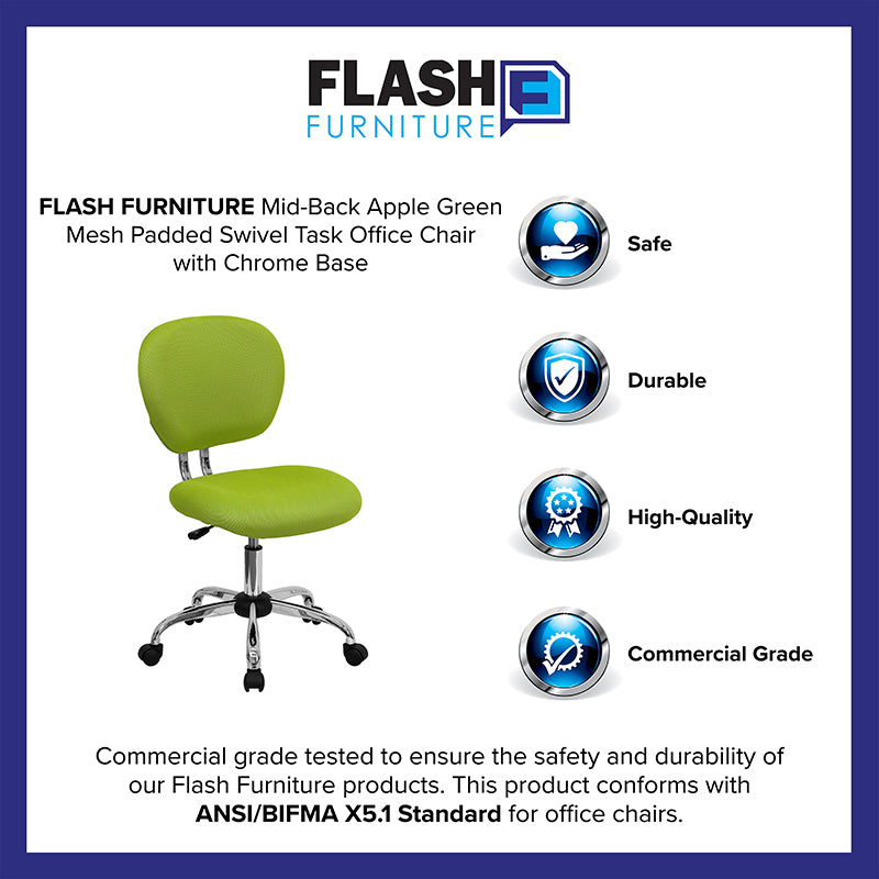 FLASH Beverly Mid Back Black Mesh Office Chair with Padded Seat, Swivel & Adjustable Height, Chrome Base & Arms - Ergonomic Desk Chair for Home & Office Workspace