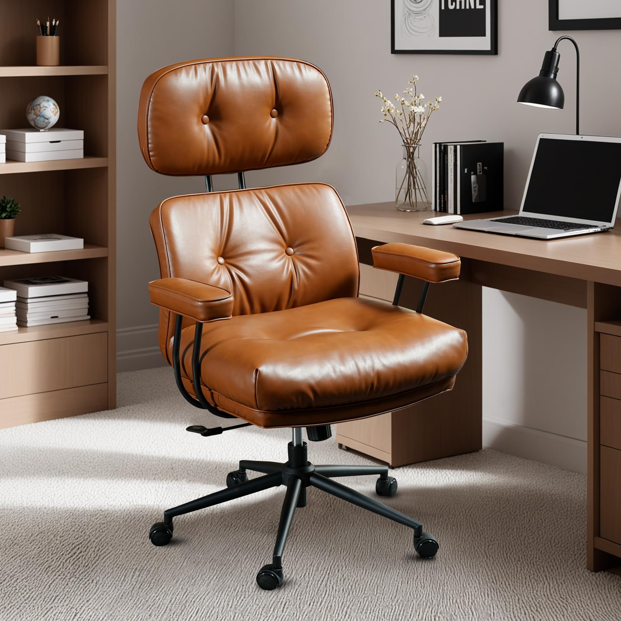 Ergonomic High Back Office Chair with Lumbar Support - PU Leather Swivel Computer Desk Chair with Wheels & Rocking Function - Brown - Perfect for Home Office, Gaming & Workspace Comfort