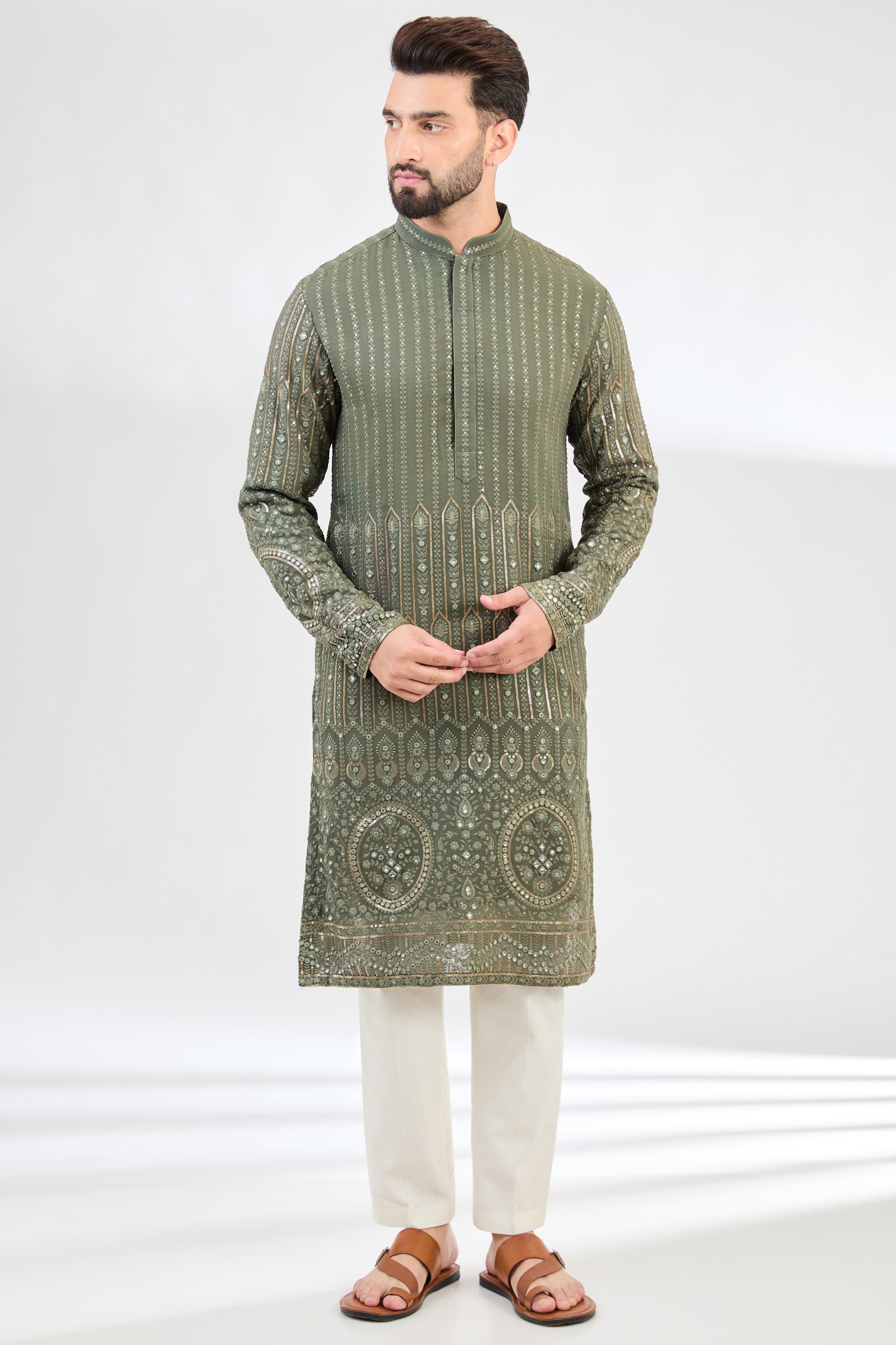 Stylish Military Green Chikankari Kurta with Intricate Ghera Embroidery - Perfect for Ethnic Wear, Festivals & Special Occasions