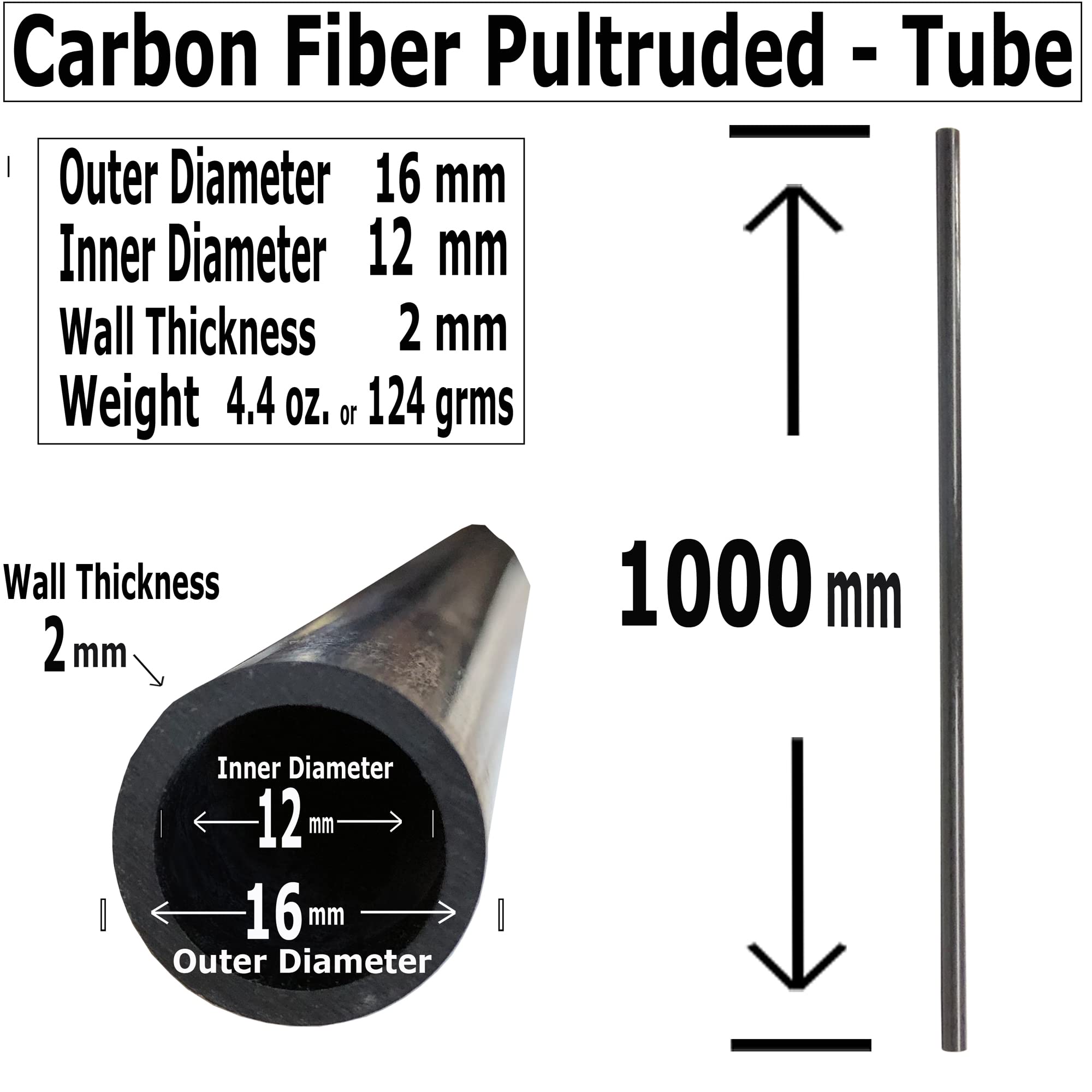 16mm x 12mm x 1000mm Carbon Fiber Tube - Pultruded Round Hollow Carbon Fiber Rods with Black Matte Finish - Lightweight & Durable Carbon Fiber Shafts for RC Planes, Drones, Boat Building, DIY Crafts, and Model Making Projects