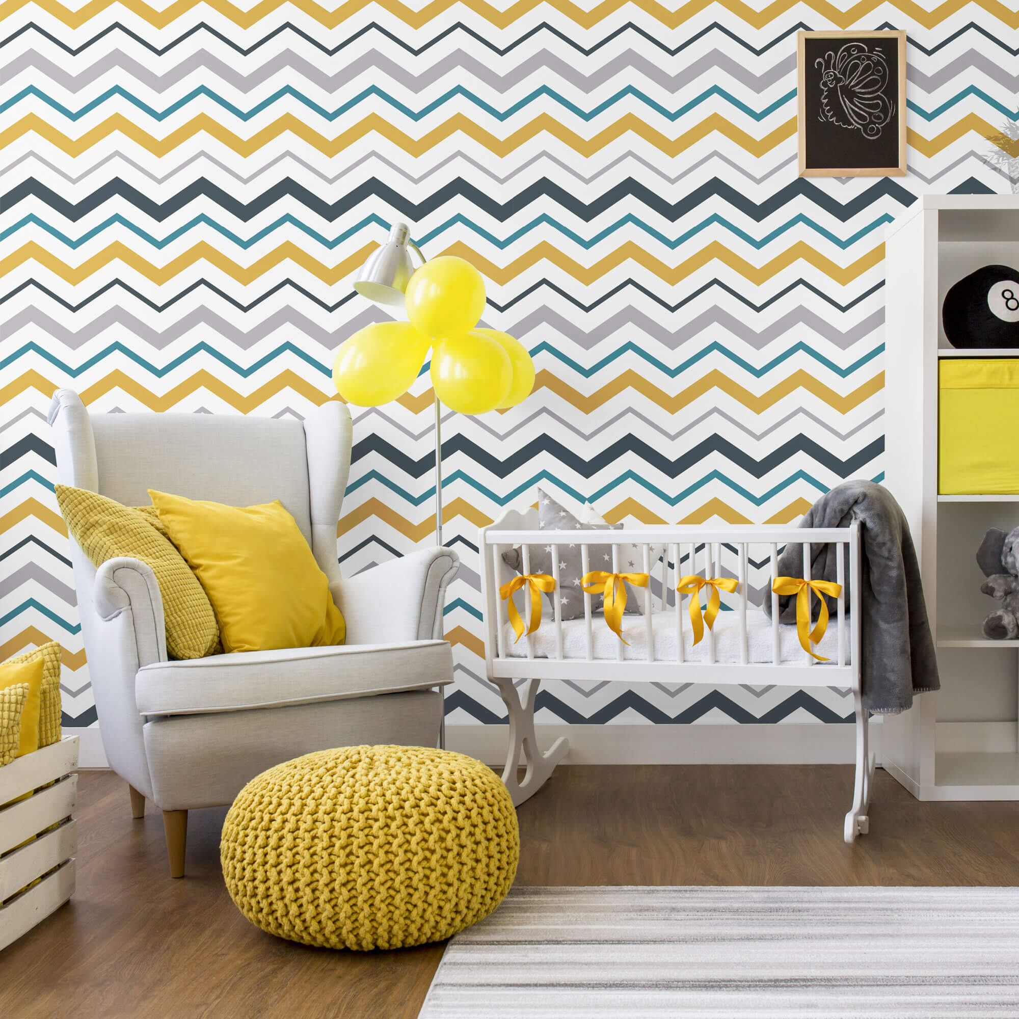 Yellow and Grey Chevron Peel and Stick Removable Wallpaper - Self-Adhesive Decorative Wall Covering for Bedroom, Nursery, Office & Home Decor