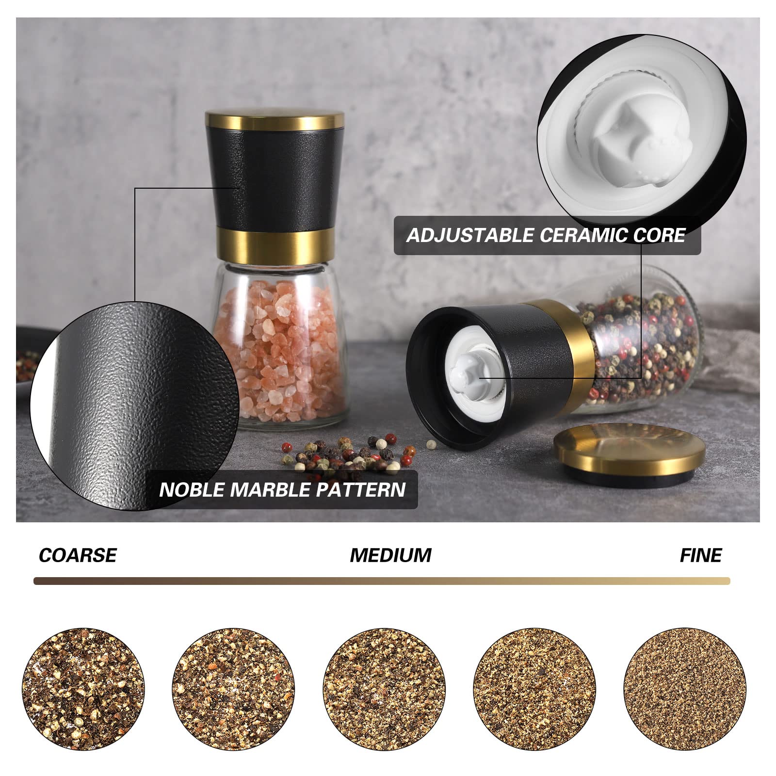 Premium VEVOK CHEF Gold Salt and Pepper Grinder Set - Stainless Steel Mill with Ceramic Core, Adjustable Coarseness & Refillable Design - Ideal for Home Kitchen, Dining Table, and Gourmet Cooking - Perfect Gift for Food Lovers