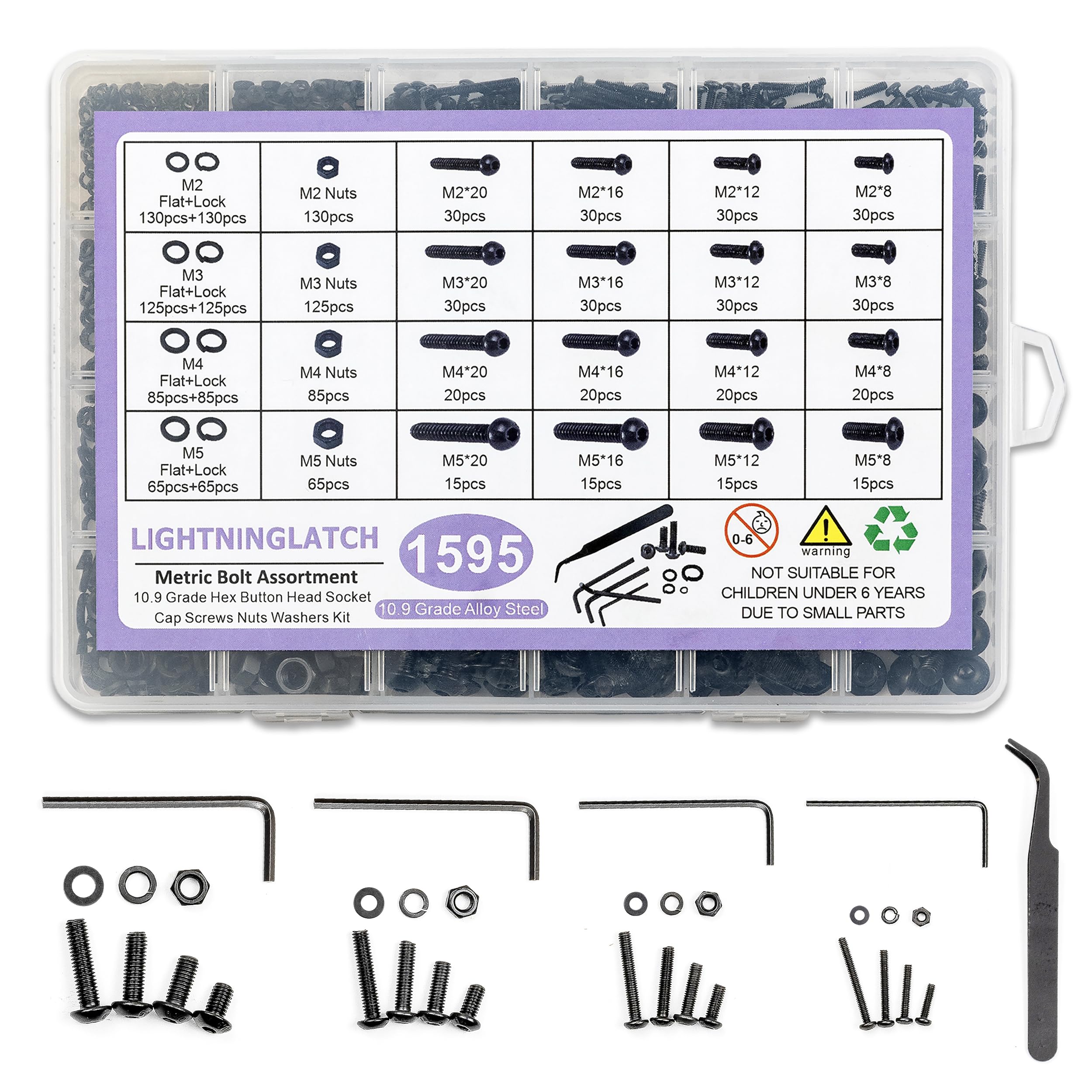 10.9 Grade Alloy Steel Screw Kit (1595 PCS) - M2 M3 M4 M5 Nuts & Bolts for DIY & Repair