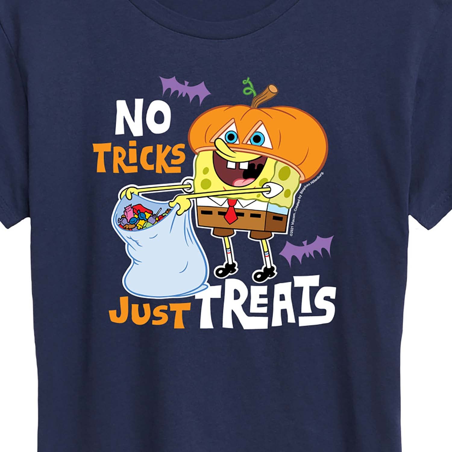 Spongebob Squarepants No Tricks Just Treats Women's Graphic T-Shirt | Funny Cartoon Short Sleeve Tee for Halloween, Cosplay & Casual Wear