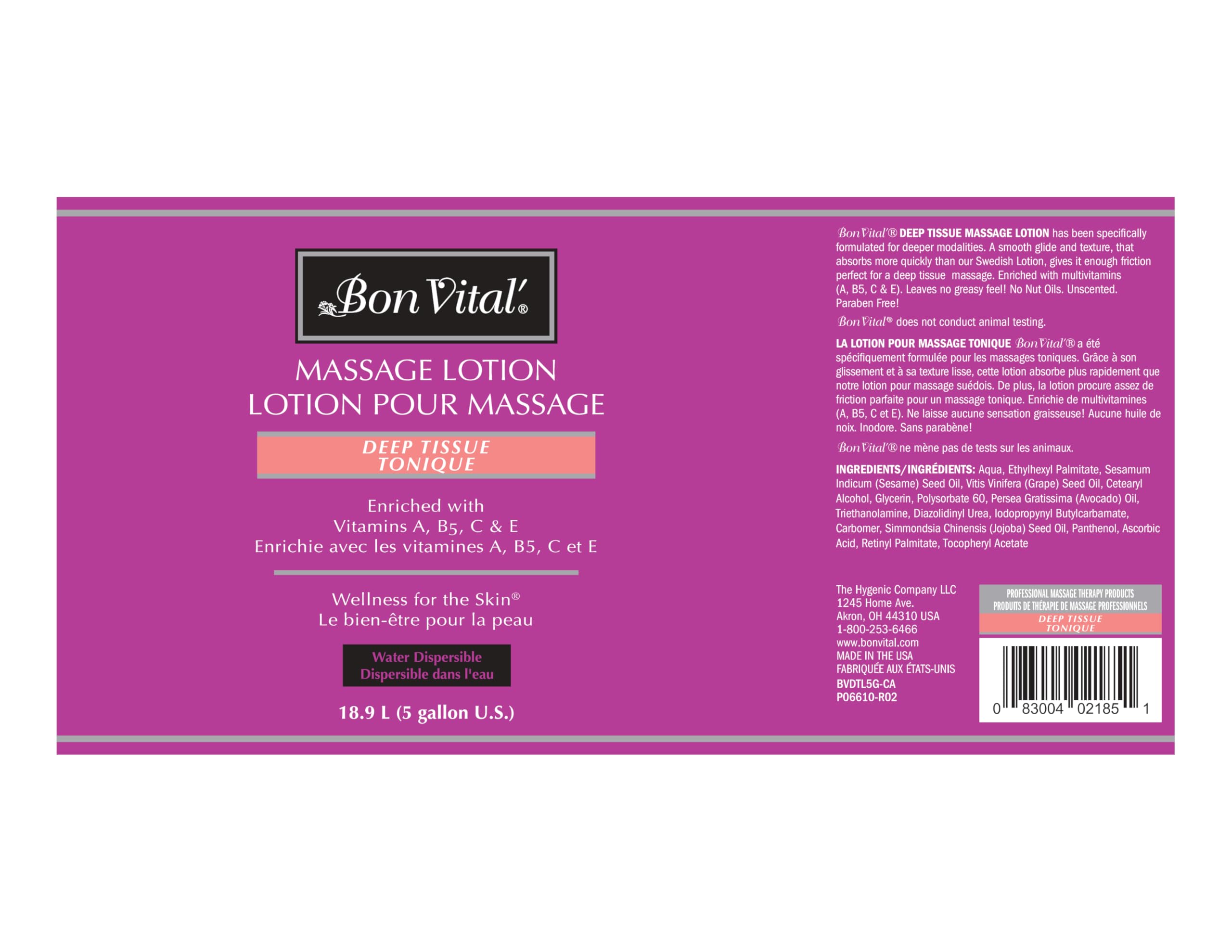 Bon Vital' Deep Tissue Massage Lotion - Professional Muscle Relaxation & Skin Repair, Non-Greasy Moisturizer for Therapists & Athletes (5 Gallon) | Ideal for Sports Recovery, Spa Treatments & Pain Relief