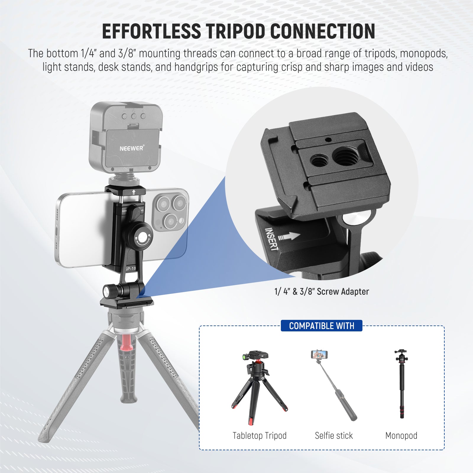 NEEWER SP 18 Smartphone Tripod Mount Adapter with Arca-Swiss Quick Release Base - Perfect for Vlogging, Photography & Live Streaming