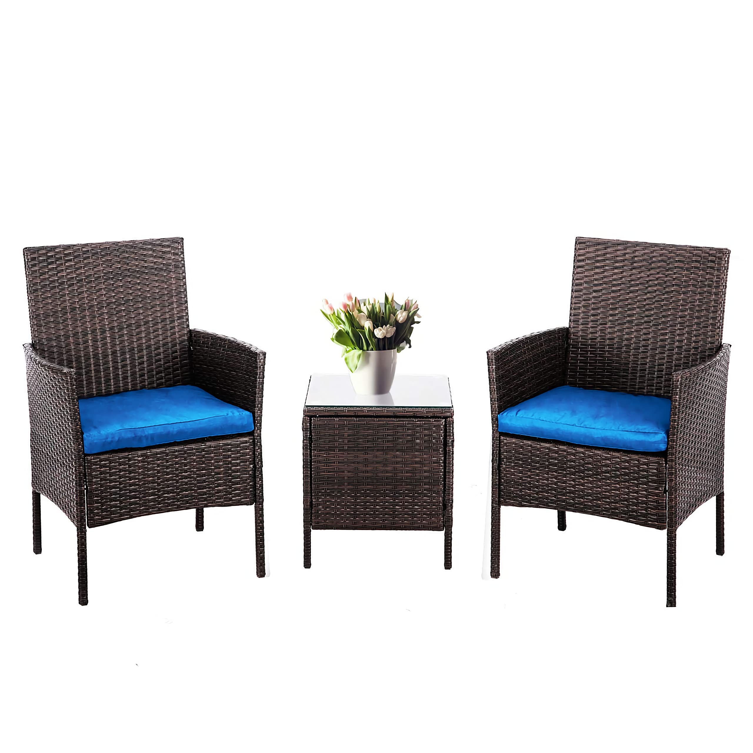 Alvino 3-Piece Patio Bistro Set - Modern Wicker Outdoor Furniture with Thick Cushions & Glass Top Coffee Table - Light Blue Rattan Garden Conversation Set for Backyard, Poolside & Balcony Relaxation