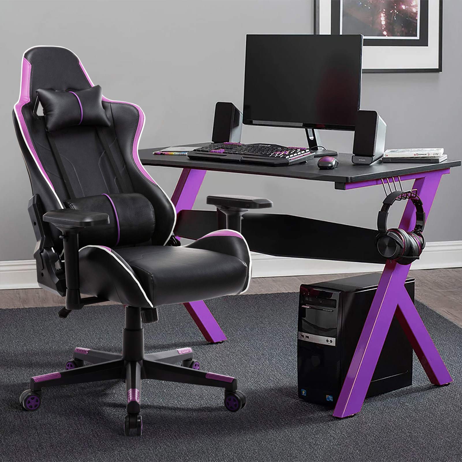 Adjustable Comfortable Armchair with Lumbar Support - Ergonomic Home Office Chair for Work & Relaxation - Modern Black & Purple Decor Furniture - Perfect for Study, Gaming, and Living Room