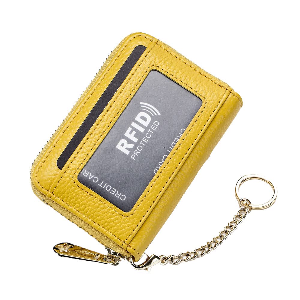 Genuine Leather RFID Blocking Women's Wallet - Credit Card Holder & Keychain for Travel (Yellow)