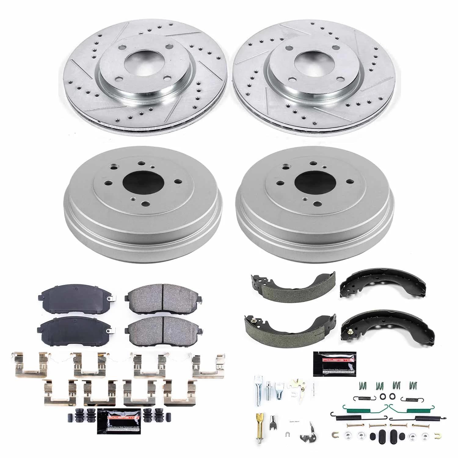 Power Stop K15252DK Front & Rear Z23 Carbon Fiber Brake Pads with Drilled & Slotted Brake Drums Kit - High Performance Braking System for Trucks, SUVs & Performance Vehicles - Perfect for Towing, Off-Road & Heavy-Duty Driving