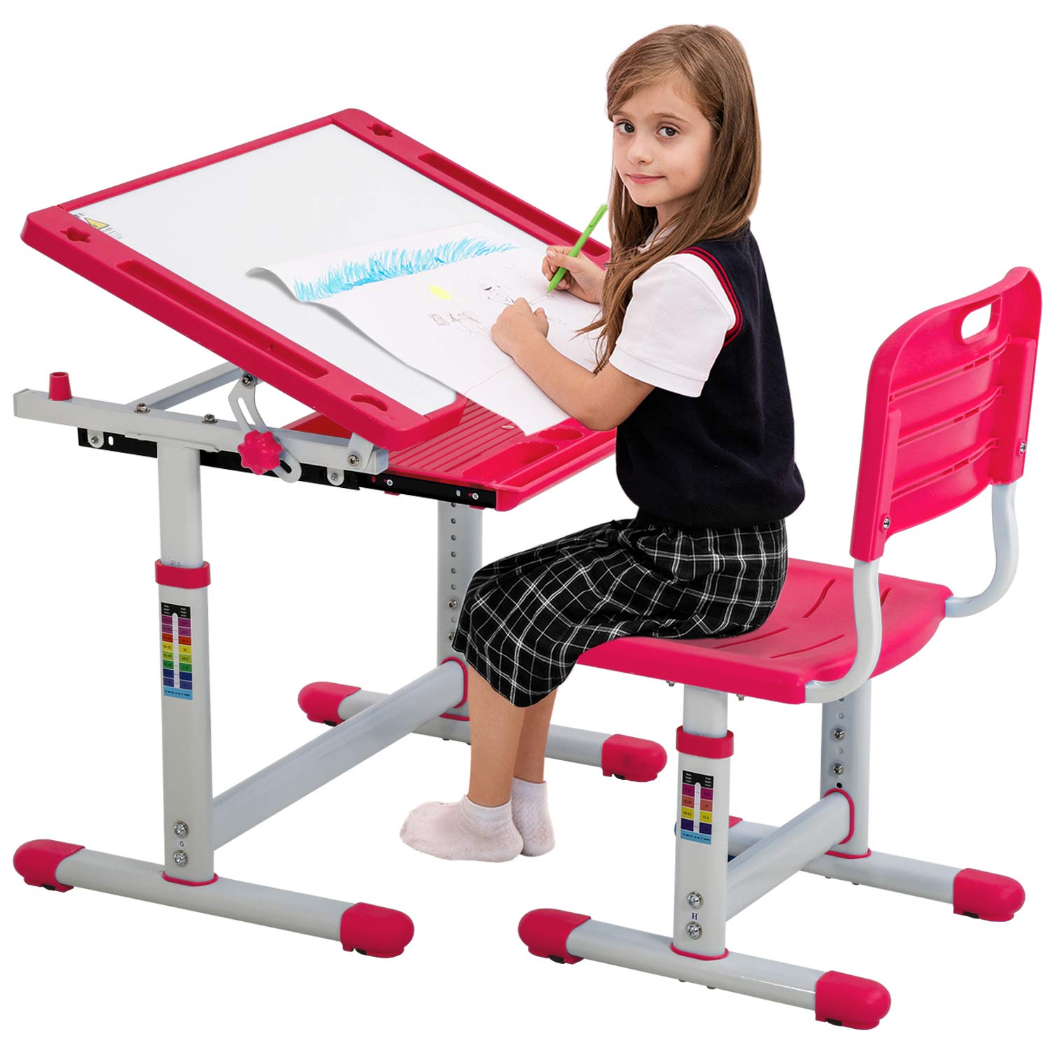 Adjustable Kids Study Desk and Chair Set - Ergonomic Children's Student Desk with Storage Drawer & Tilt Desktop - Perfect for Boys & Girls Bedroom, Homeschooling & Online Learning (Pink)