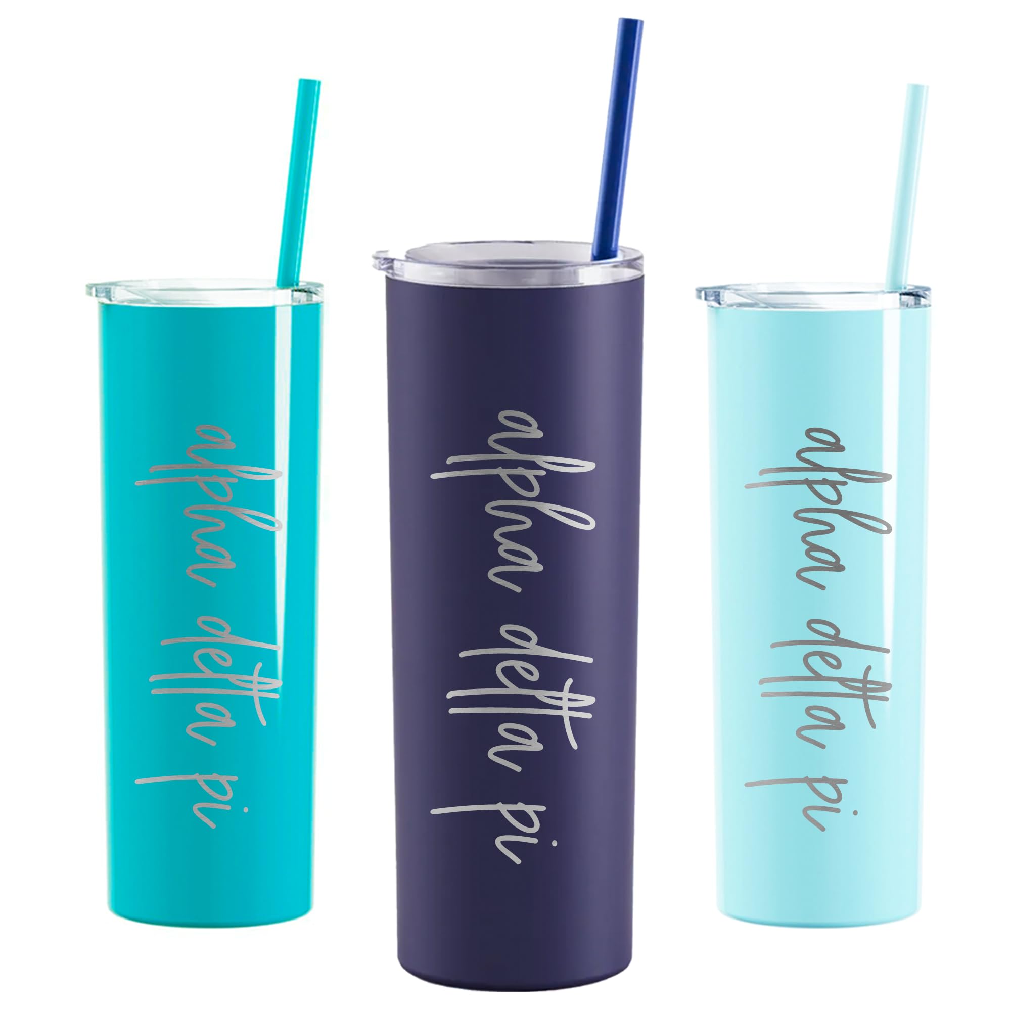 Alpha Delta Pi Laser Engraved Skinny Tumbler with Straw - 20oz Insulated Stainless Steel Travel Mug for Sorority Sisters (Navy) - Perfect for College, Greek Life Events & Everyday Hydration