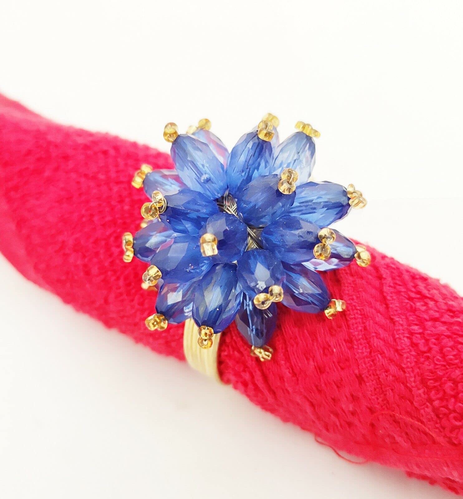 Sharvgun Set of 6 Blue Beaded Floral Napkin Rings - Elegant Table Decor for Home, Kitchen, Parties & Weddings - Perfect for Holiday Dinners, Bridal Showers & Formal Dining