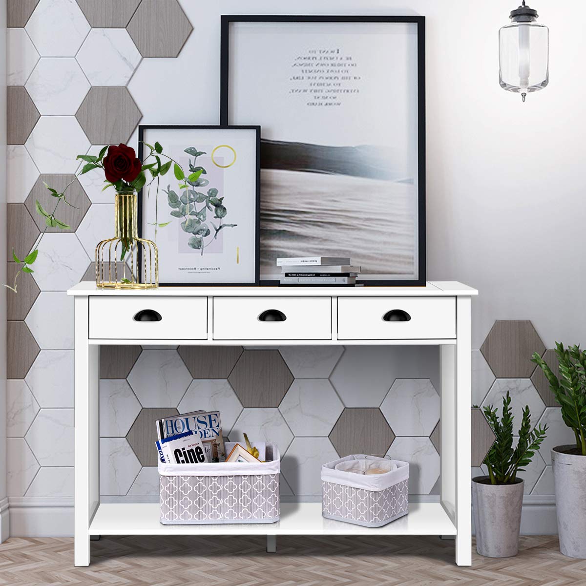 Giantex 3-Drawer Console Table with Shelf - White Sofa Side Table, Rectangular Entryway Table for Living Room & Hallway - Perfect for Home Decor, Storage & Organization