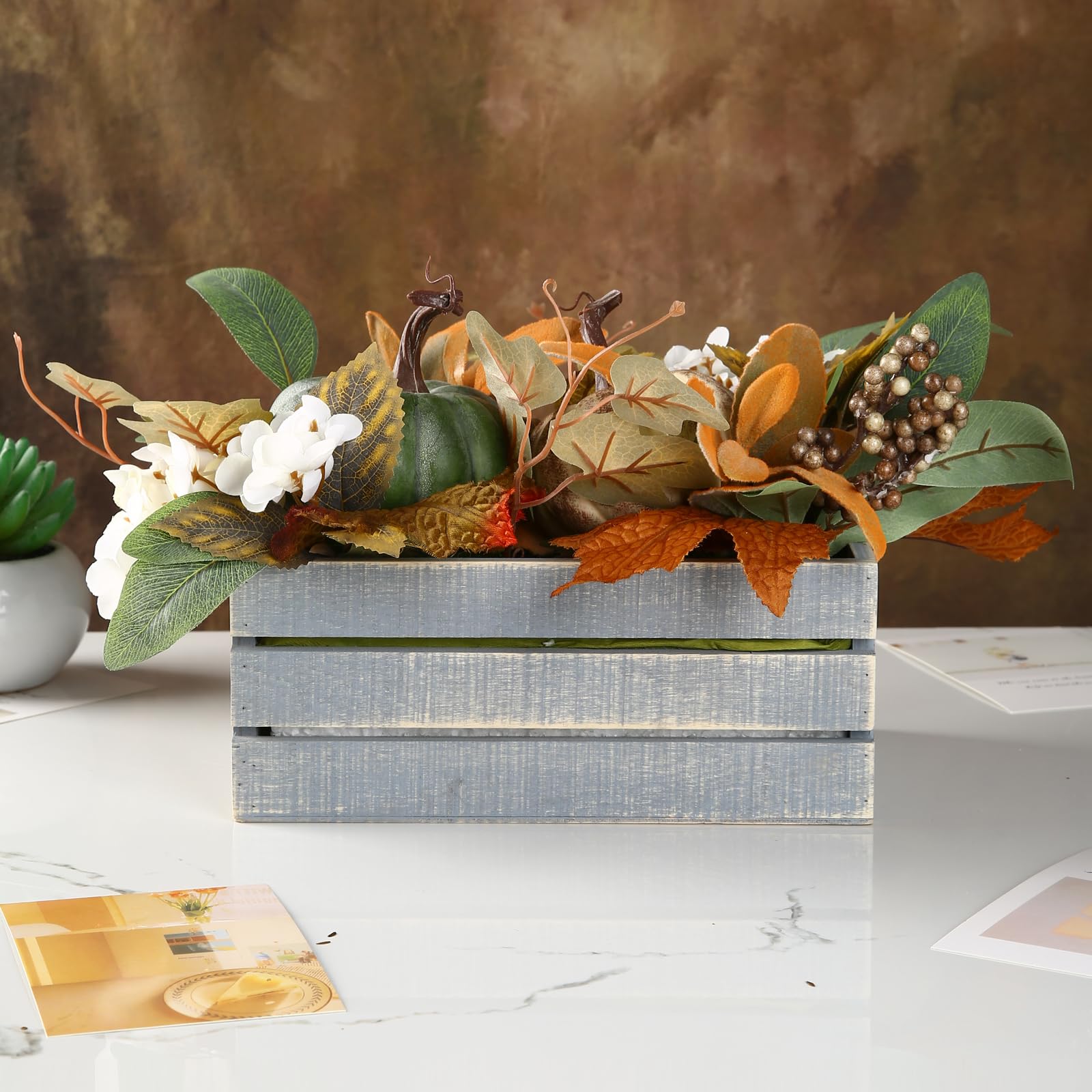 Artificial Fall Leaves & Pumpkins Arrangement in Wooden Crate - Autumn Tiered Tray Decor with Fake Flowers for Harvest Thanksgiving - Perfect for Table Centerpieces, Shelf Displays & Home Decor - Ideal for Fall Weddings, Thanksgiving Dinners & Seasonal Home Styling