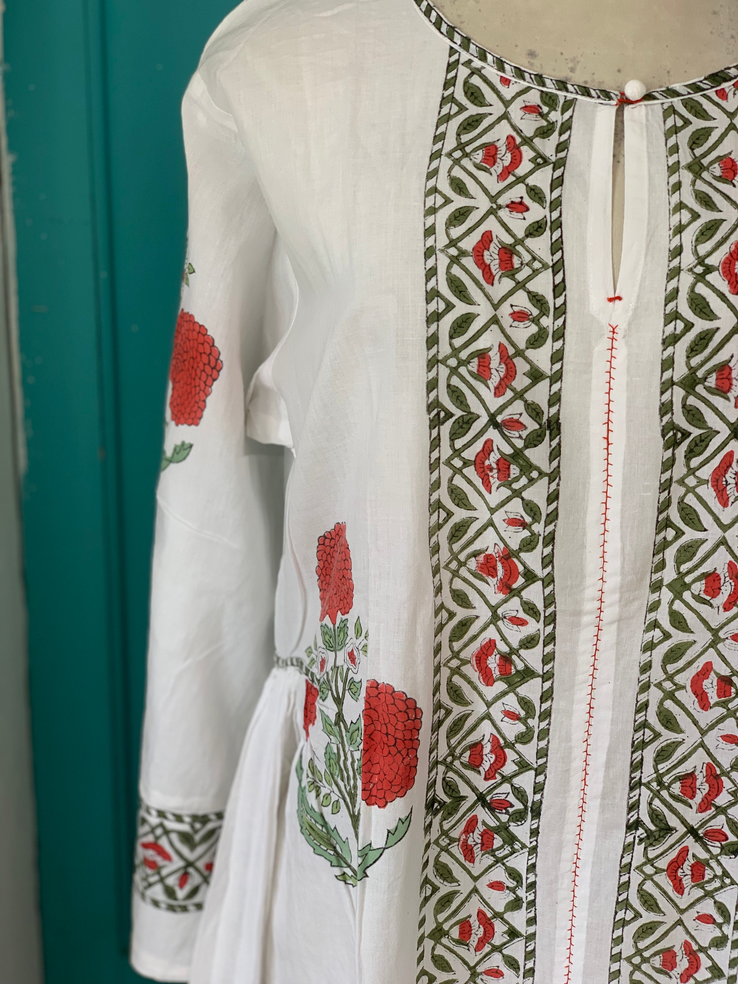 Handmade Mughal Block Print Dress with Red Poppy Floral Design - Perfect for Festivals, Weddings & Cultural Events