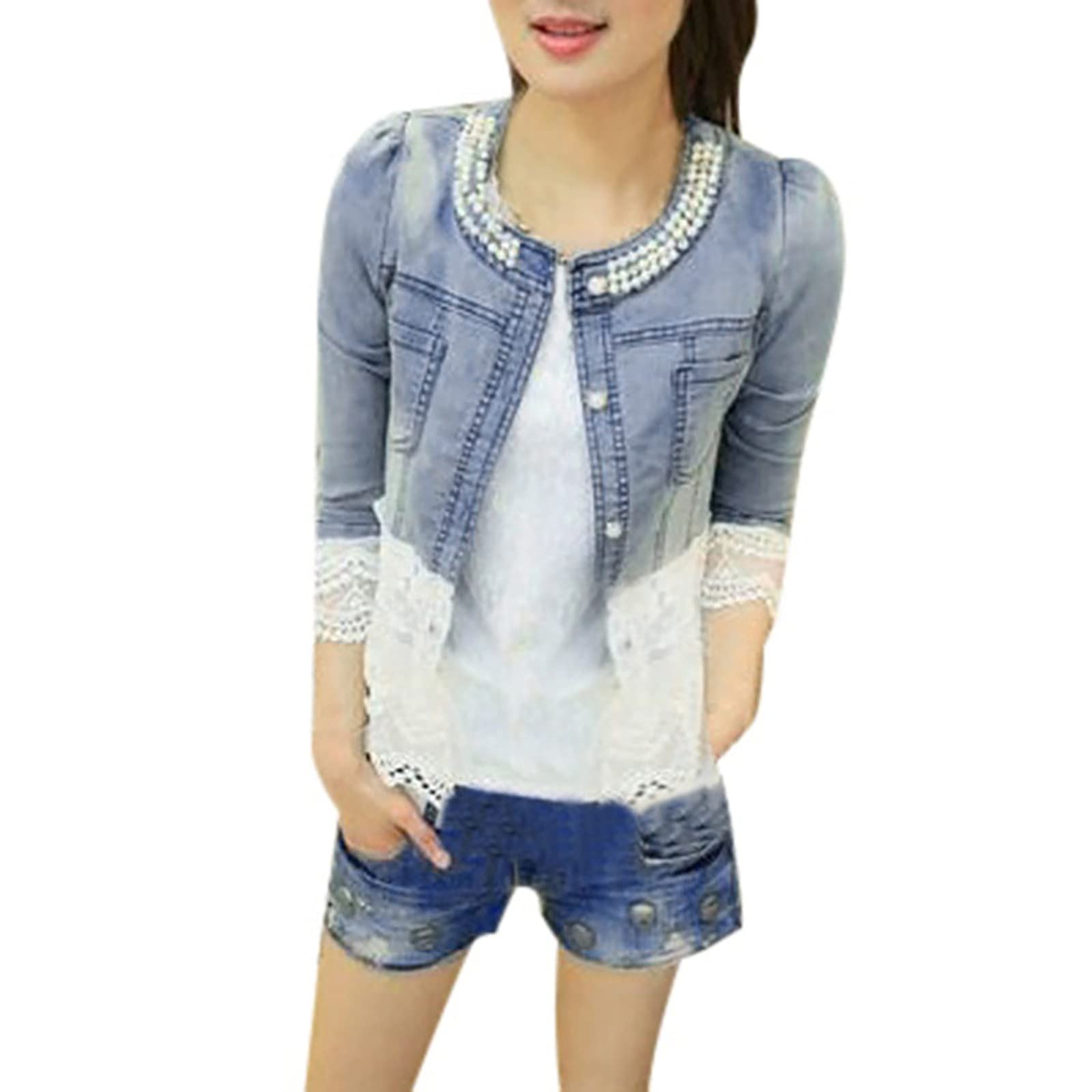 Women's Denim Jacket with Lace Detail - Casual Half Sleeve Jean Coat for Spring & Fall | Perfect for Outdoor Activities, Date Nights & Layering Outfits