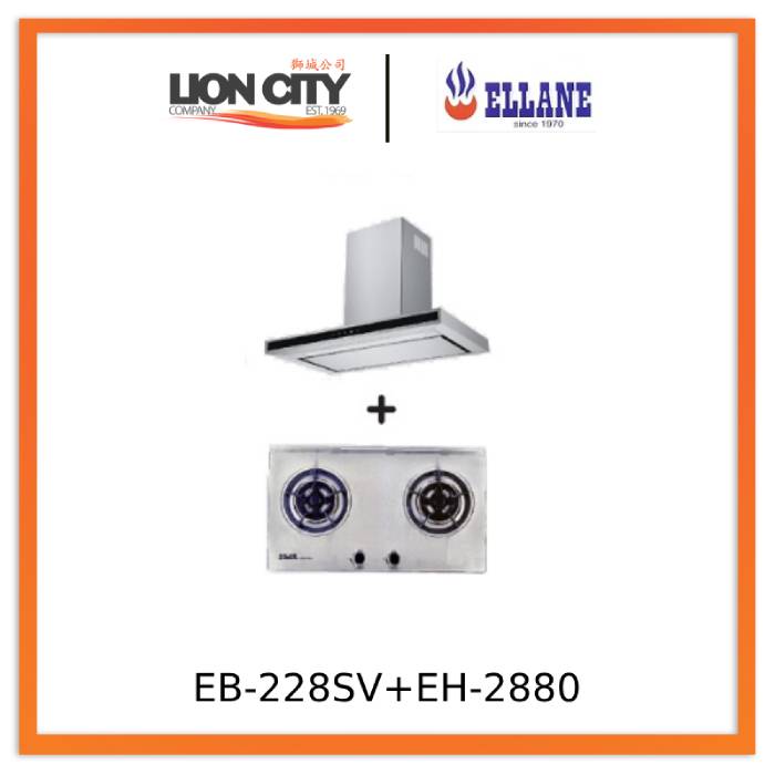 Ellane EH 2880 90cm Touch Control Stainless Steel Range Hood with Ellane EB 228SV 75cm 2 Burner Stainless Steel Gas Cooktop - Modern Kitchen Ventilation & Cooking Combo for Home Chefs