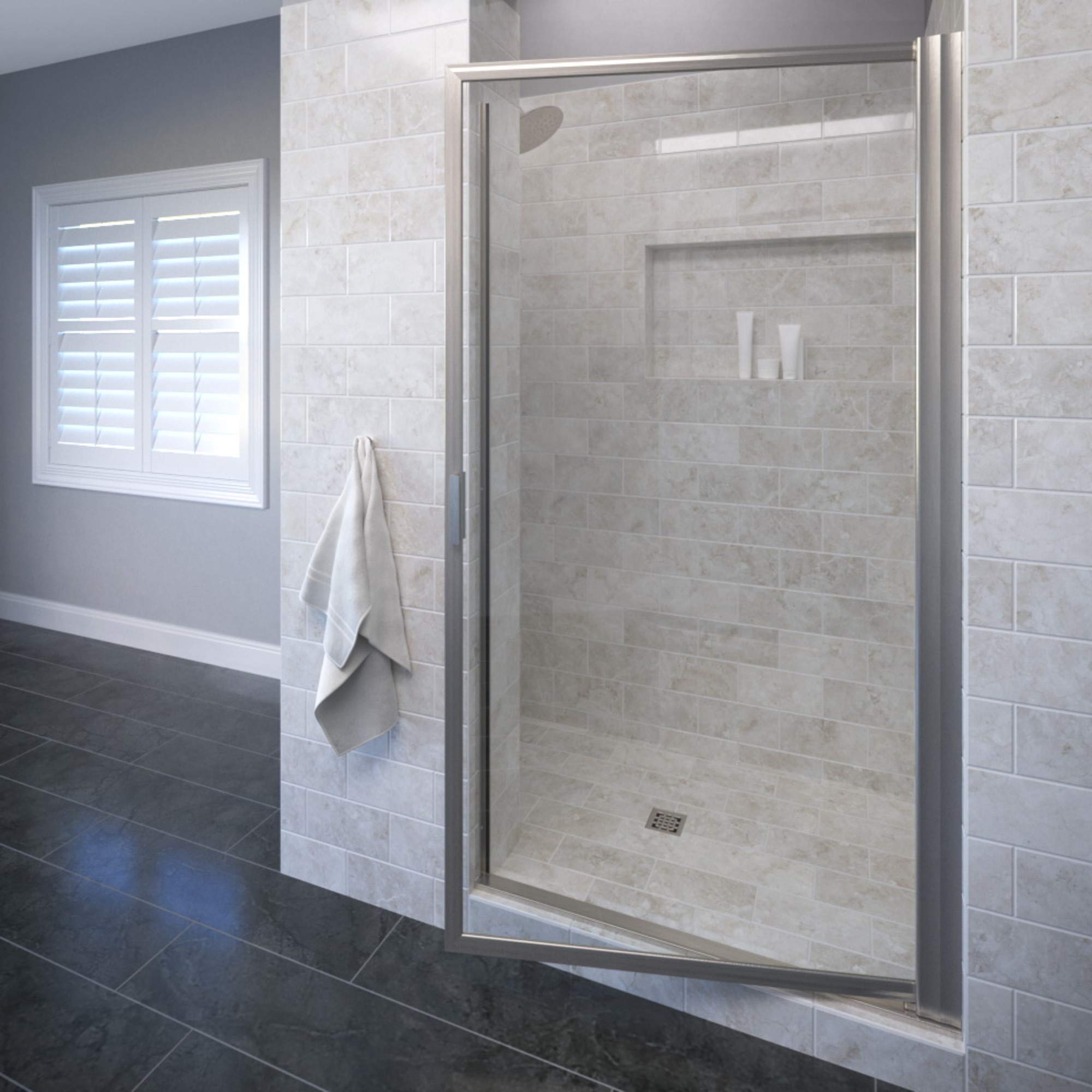 Basco Sopora 31.125-32.875 Inch Pivot Shower Door - Clear Tempered Glass with Brushed Nickel Finish for Modern Bathroom Renovation | Perfect for Small to Medium Sized Showers