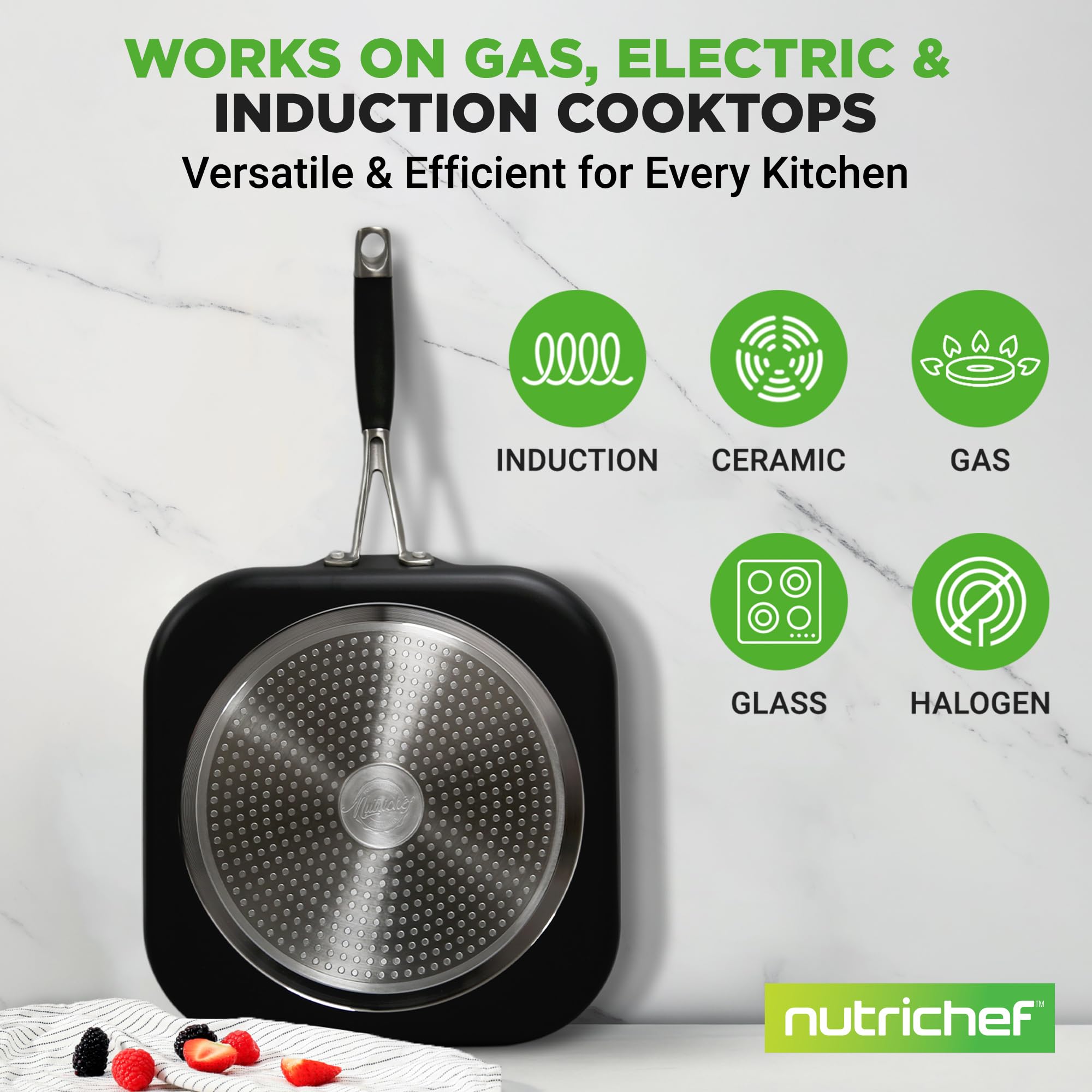 NutriChef Non-Stick Copper Frying Pan with Hard-Anodized Exterior & Heat-Resistant Silicone Handle - 1 Griddle for Perfect Pancakes, Eggs & Steaks - Ideal for Home Cooking, Camping & Outdoor BBQ