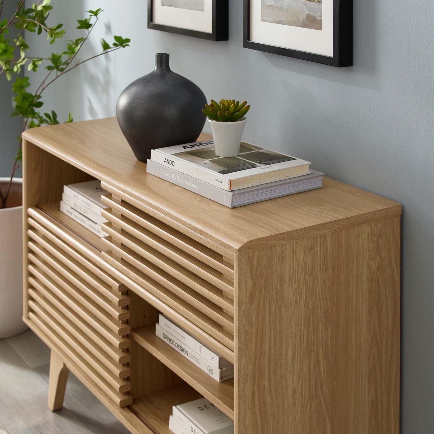 Modway Render Mid-Century Modern Two-Tier Oak Display Stand - Perfect for Living Room Shelving, Bedroom Decor & Office Organization