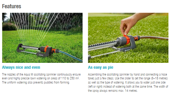 Gardena Aqua M 18702 Oscillating Sprinkler - 20 ft Coverage for Lawn & Garden Watering | Perfect for Small to Medium Yards, Flower Beds & Vegetable Gardens