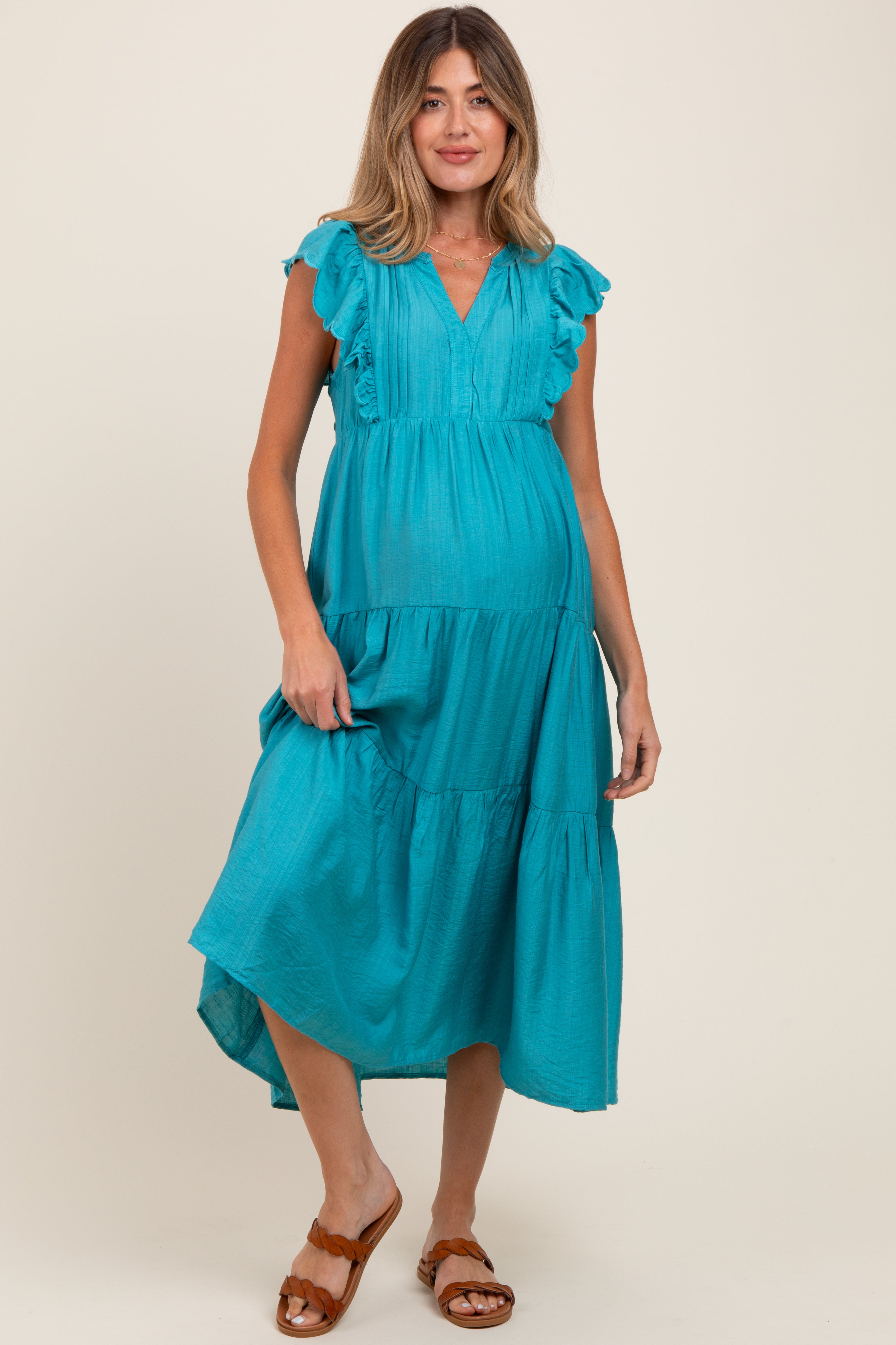 Aqua Ruffle Sleeve Tiered Maternity Midi Dress - Flowy Pregnancy Dress for Baby Shower, Maternity Photo Shoot & Special Occasions