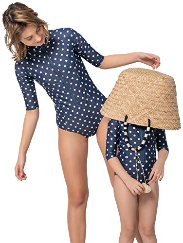 One Piece Rash Guard Swimsuit Zip Front Closure - Navy W/ White Dots