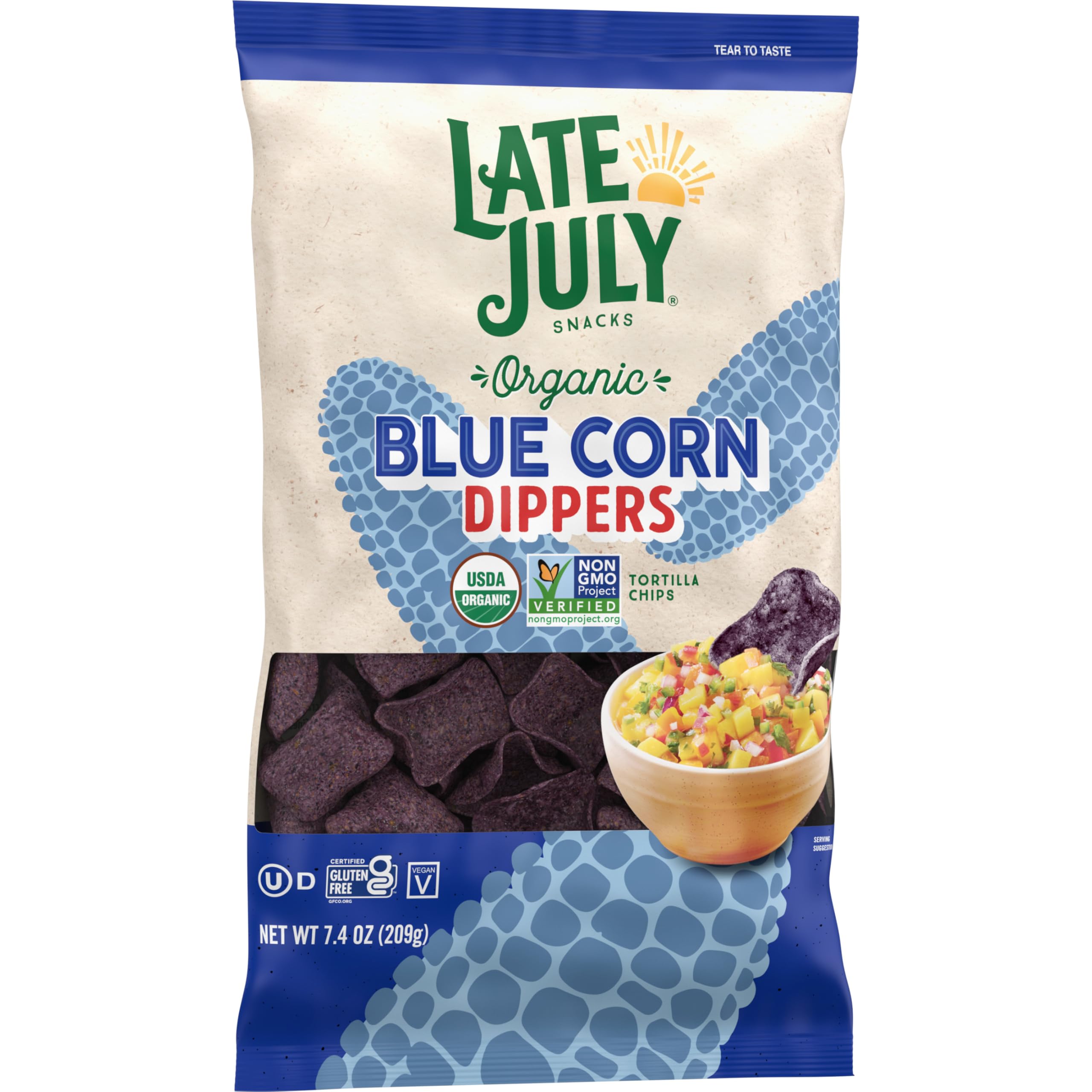 Organic Blue Corn Tortilla Chips by Late July Snacks - 7.4oz Bag, Non-GMO, Gluten-Free, Vegan - Perfect for Parties, Snacking & Dips