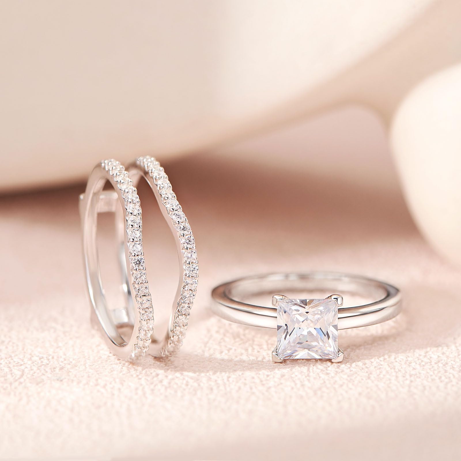 SHELOVES Solitaire Princess CZ Engagement Ring Set with Wedding Band & Ring Enhancer - Sterling Silver Size 5-12 - Perfect for Proposals, Anniversaries & Bridal Jewelry
