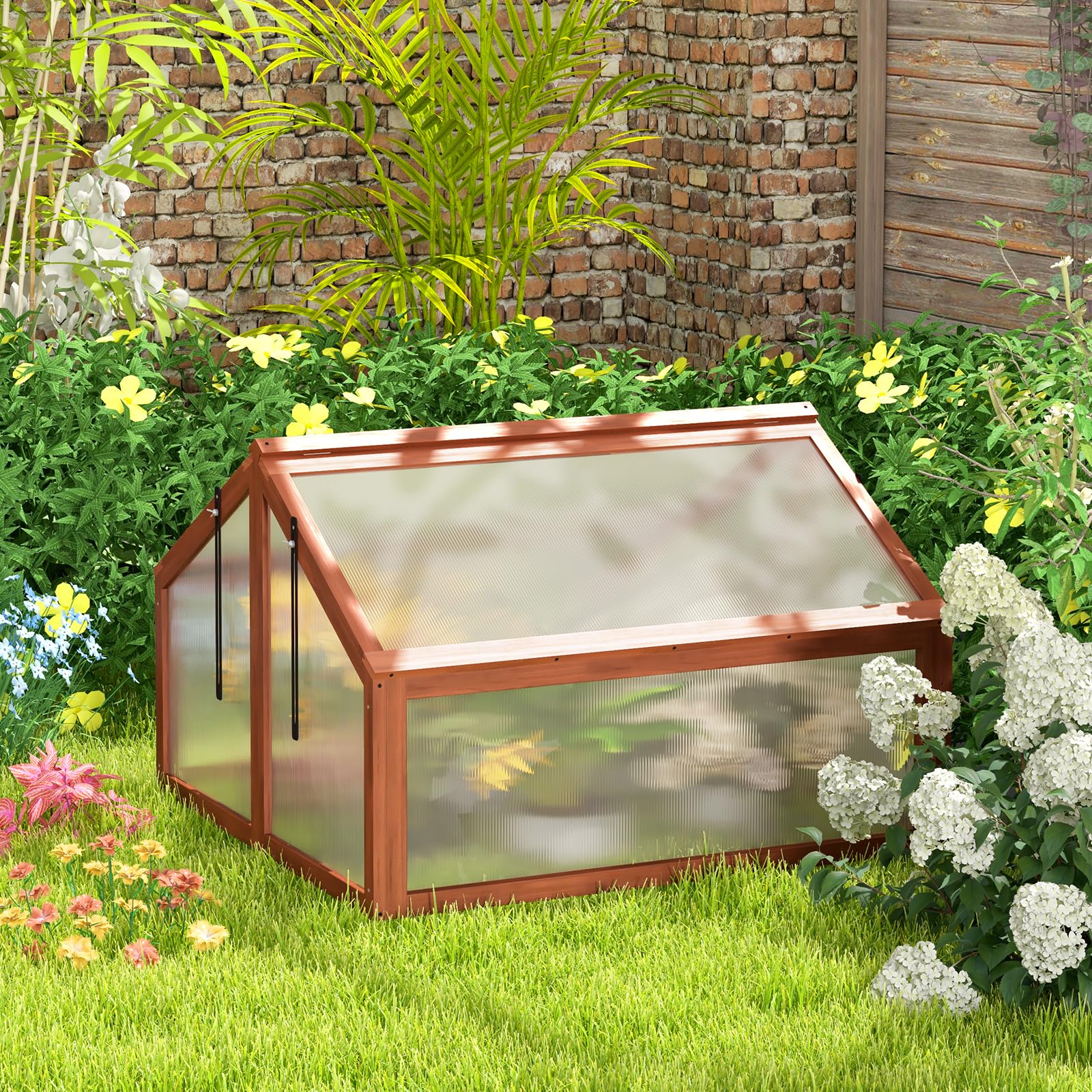 GRAFFY Wooden Garden Cold Frame - Portable Mini Greenhouse Kit with Foldable Top | Raised Plant Bed Protector for Outdoor Gardening | Perfect for Porch, Backyard & Balcony Use | Natural Wood (GT3568)