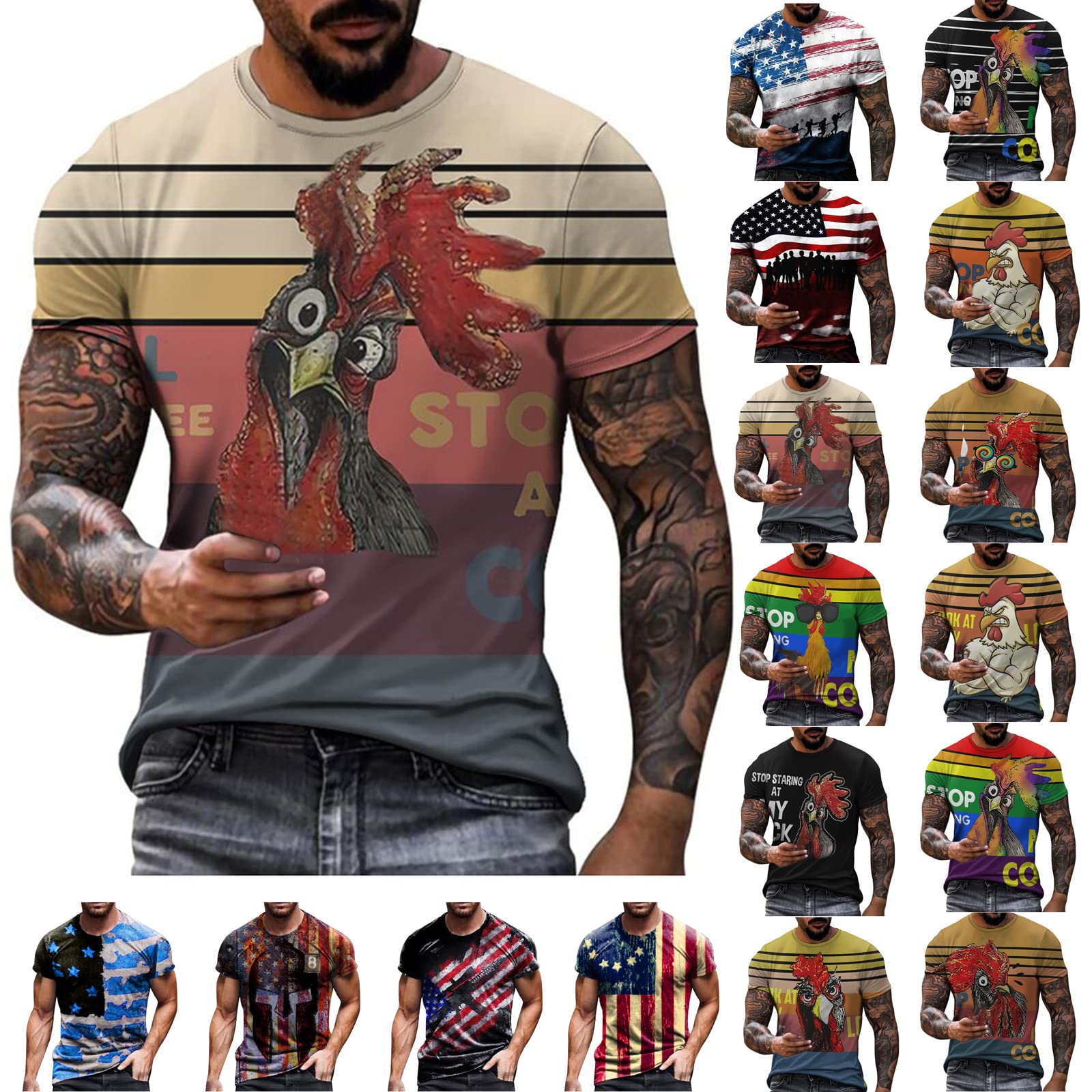 Funny Rooster 3D Printed Men's Vintage Graphic T-Shirt - Casual Short Sleeve Crewneck Tee for Everyday Wear | Perfect for Parties, Gifts & Casual Outfits