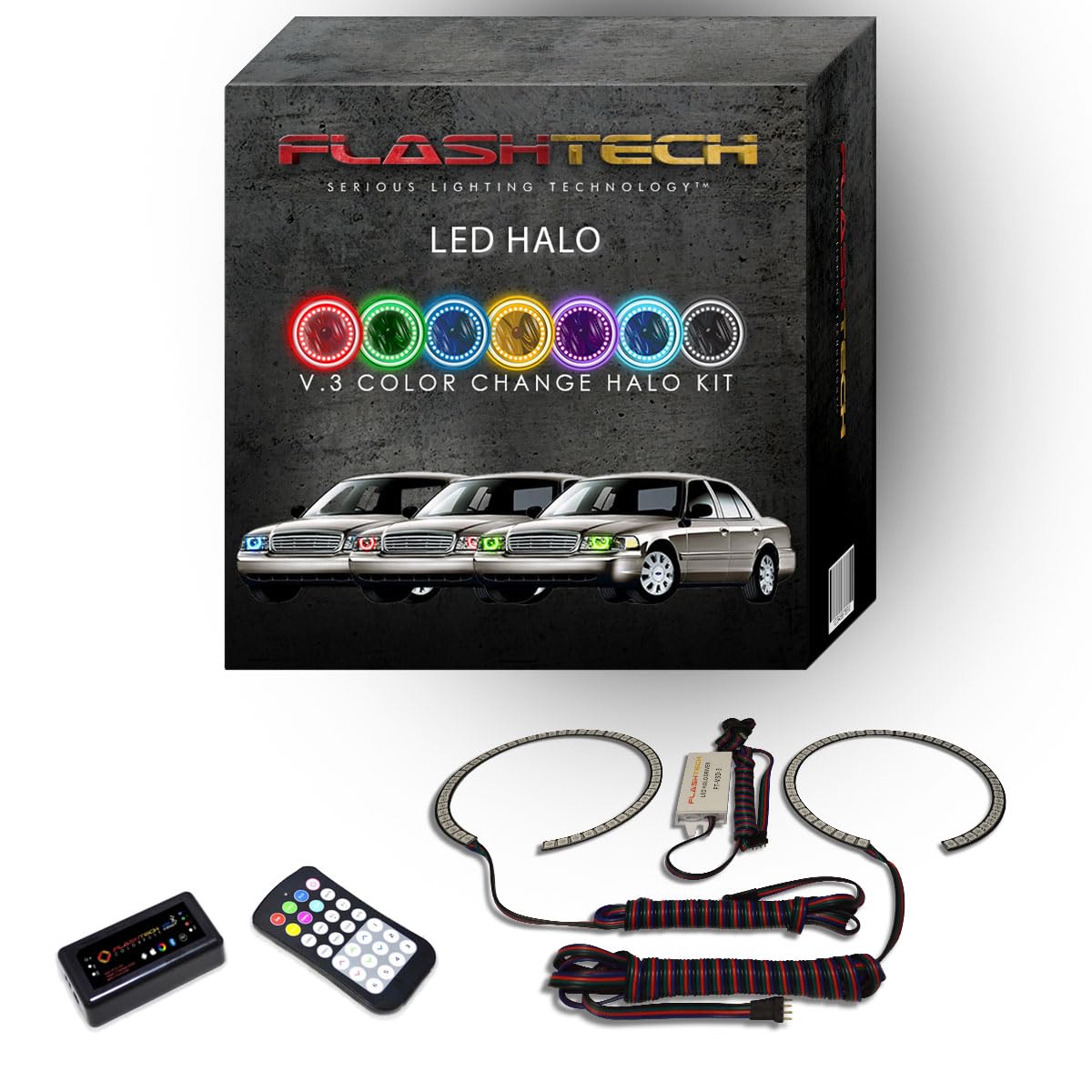 Flashtech LED RGB Multi-Color Halo Ring Headlight Kit with Bluetooth RF Remote & App Control - Compatible with Ford Crown Victoria 1998-2011 | Custom Car Lighting for Night Driving & Car Shows